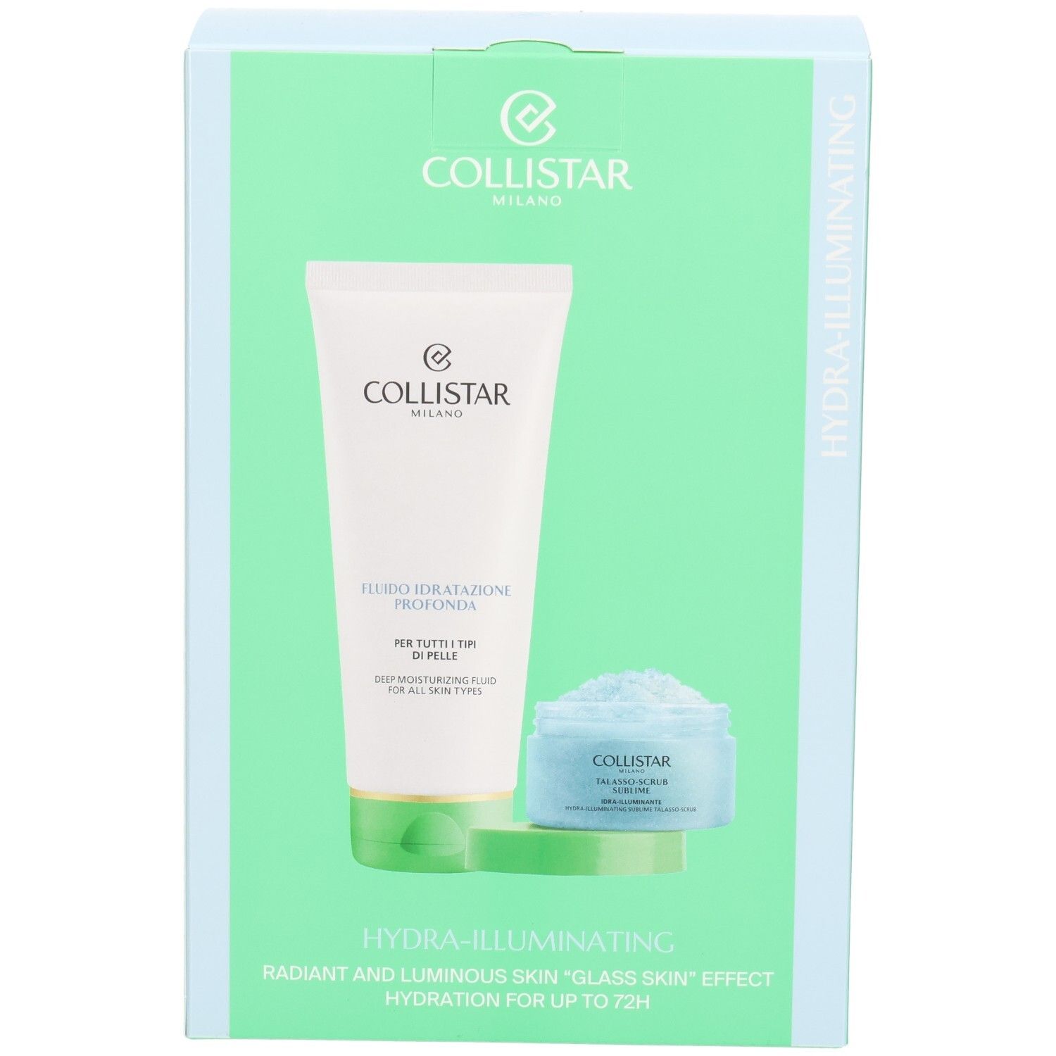 Collistar Discovery Set. Zwei Produkte in einer grünen Box. Tiefenwirksames Feuchtigkeitsfluid und Talasso-Scrub.