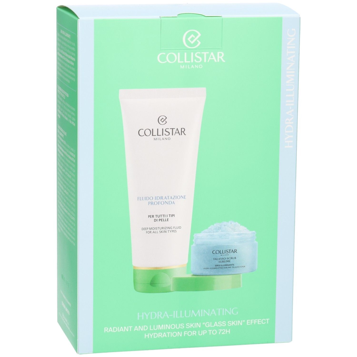 Collistar Discovery Set. Zwei Produkte in einer grünen Box. Tiefenwirksames Feuchtigkeitsfluid und Talasso-Scrub.