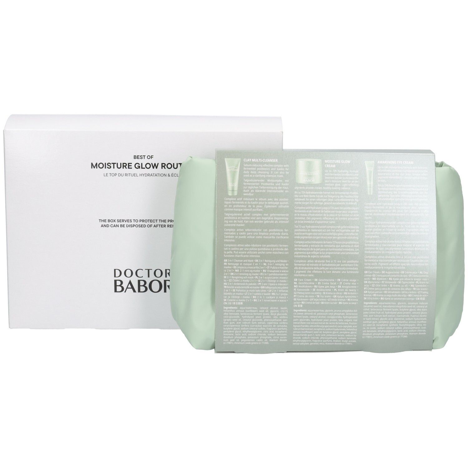 Babor Kosmetik-Set in Schachtel mit Beutel. Rückseite mit Produktinformationen.