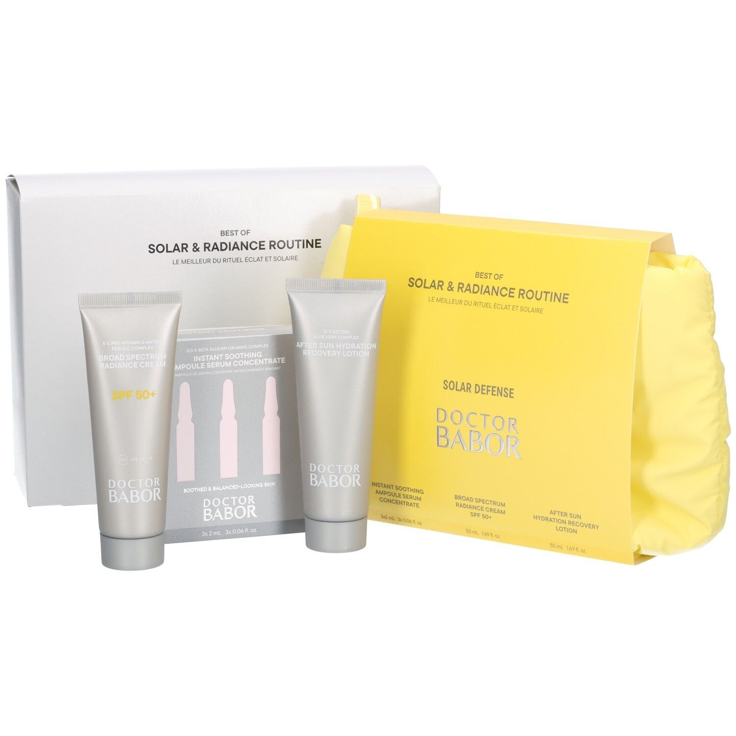 Babor Kosmetikset mit zwei Cremetuben, Ampullen und gelber Tasche.