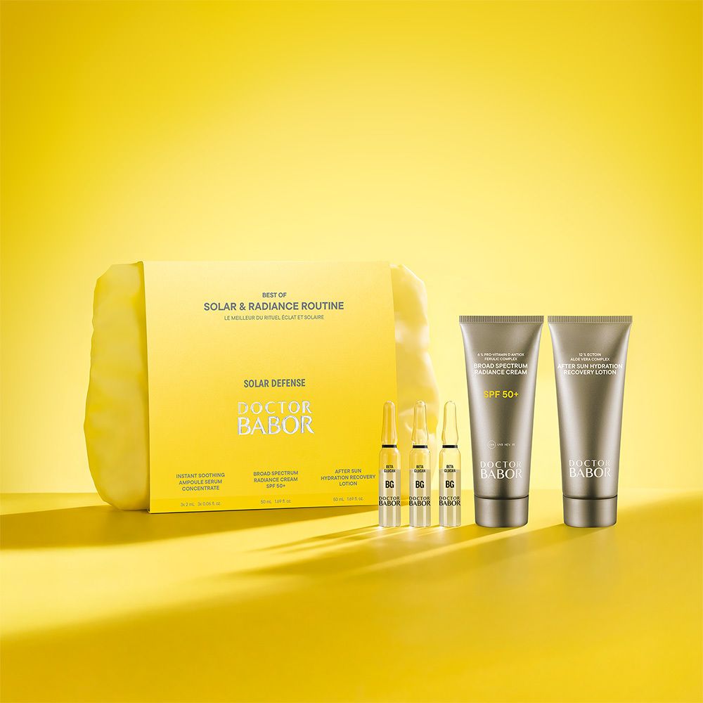 Coffret cosmétique Babor : Pochette jaune avec informations produit et logo.