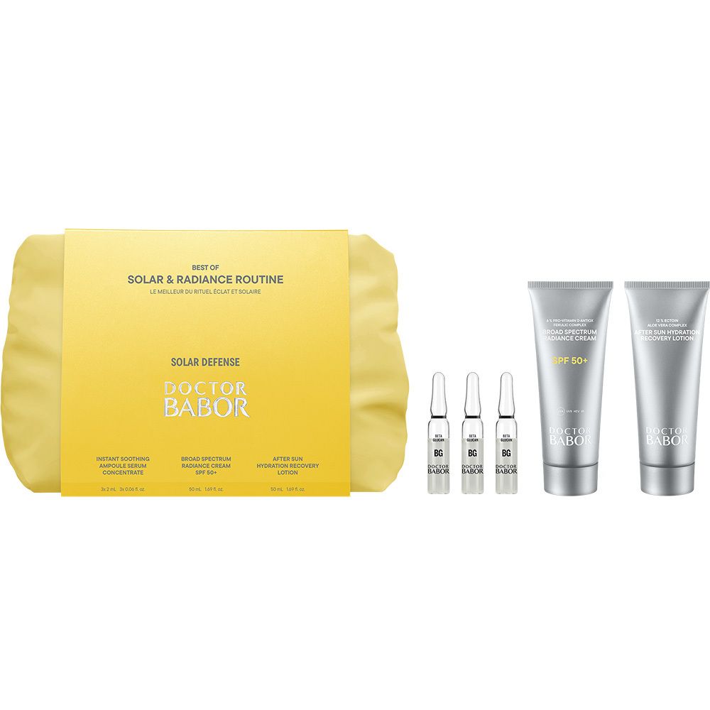 Coffret cosmétique Babor avec pochette jaune, ampoules et deux tubes de crème.