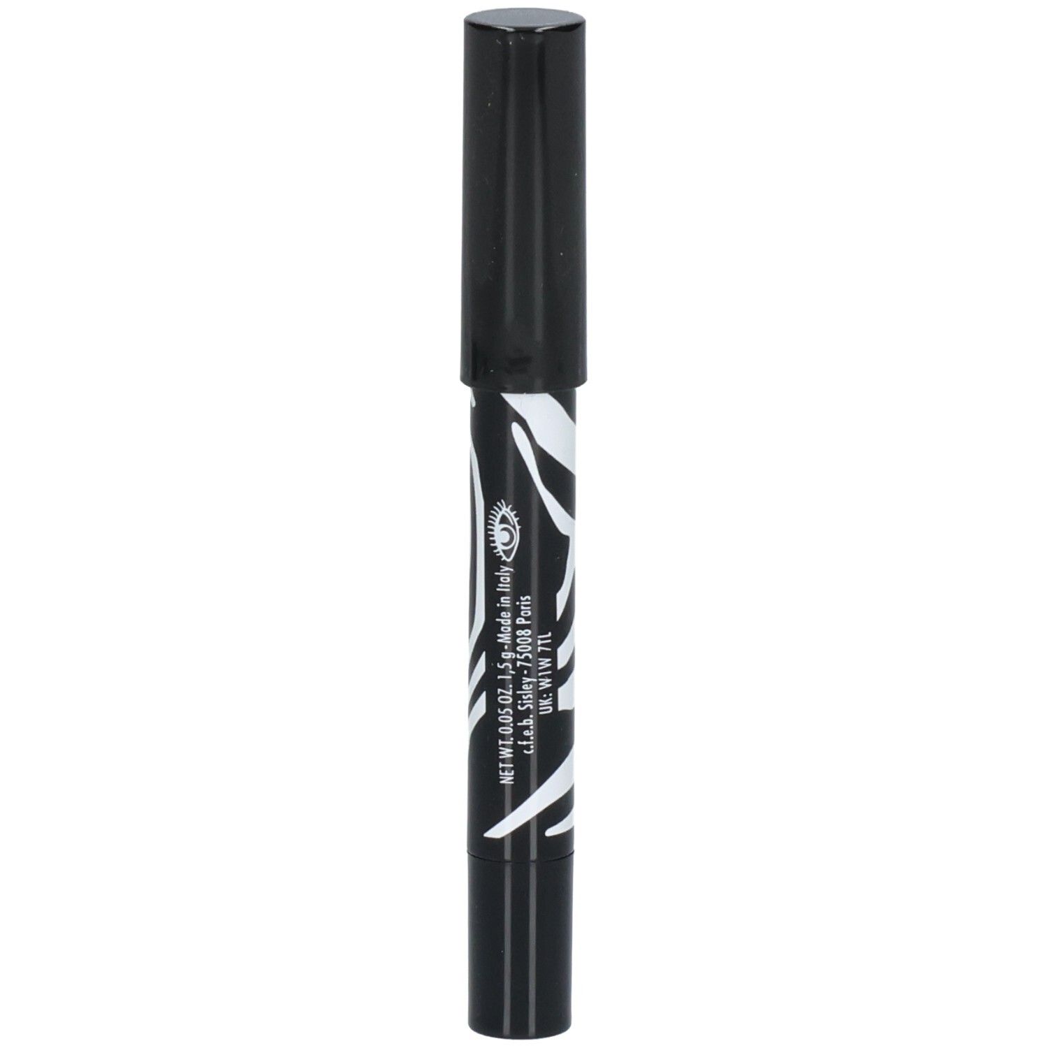 Sisley Phyto-Eye Twist Lidschattenstift mit Zebra-Muster, schwarzem Deckel und Produktinformationen.