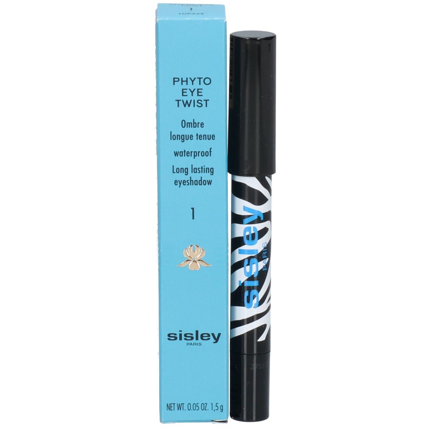 Sisley Phyto-Eye Twist Lidschattenstift mit Zebra-Muster und schwarzem Deckel.