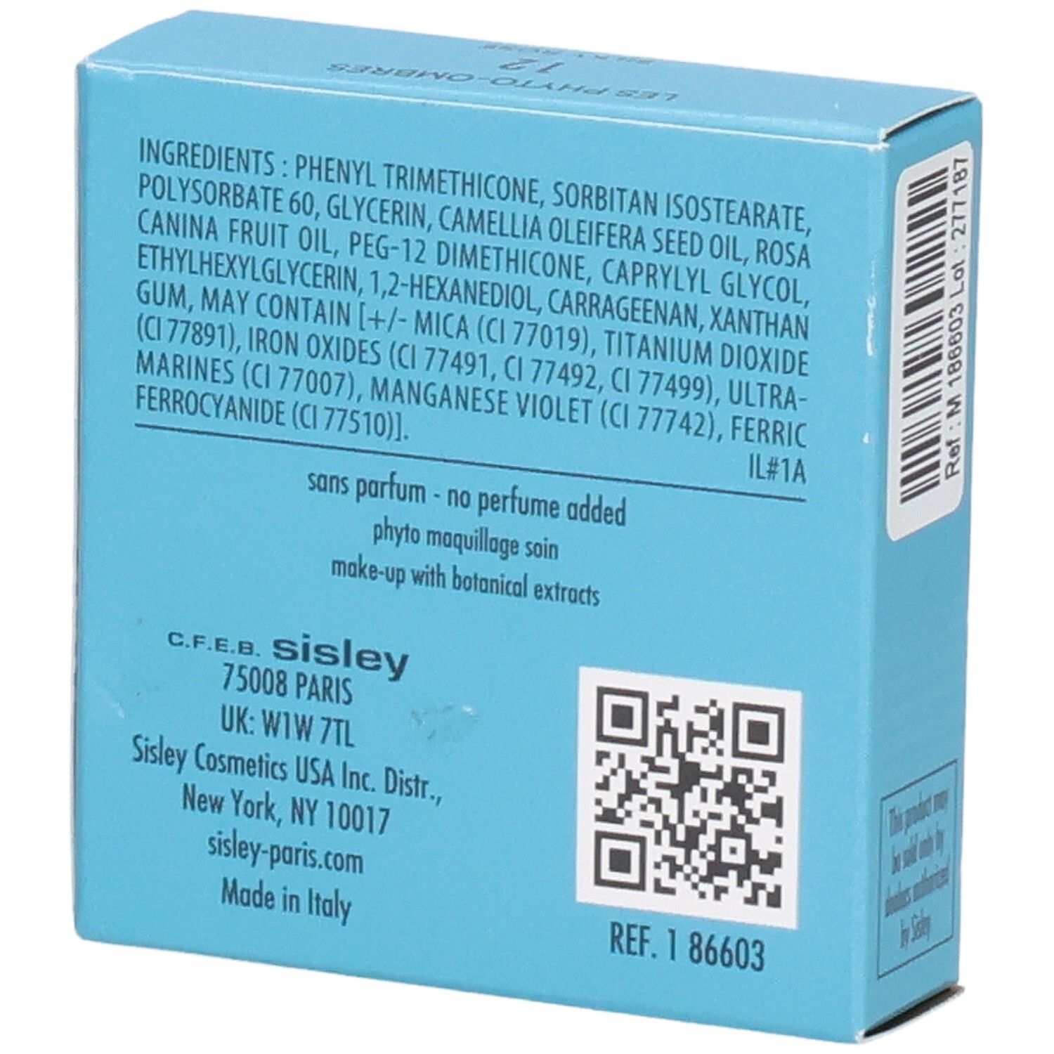 Sisley Les Phyto-Ombres Lidschatten-Verpackung, Rückseite mit Inhaltsstoffen und Herstellerangaben.