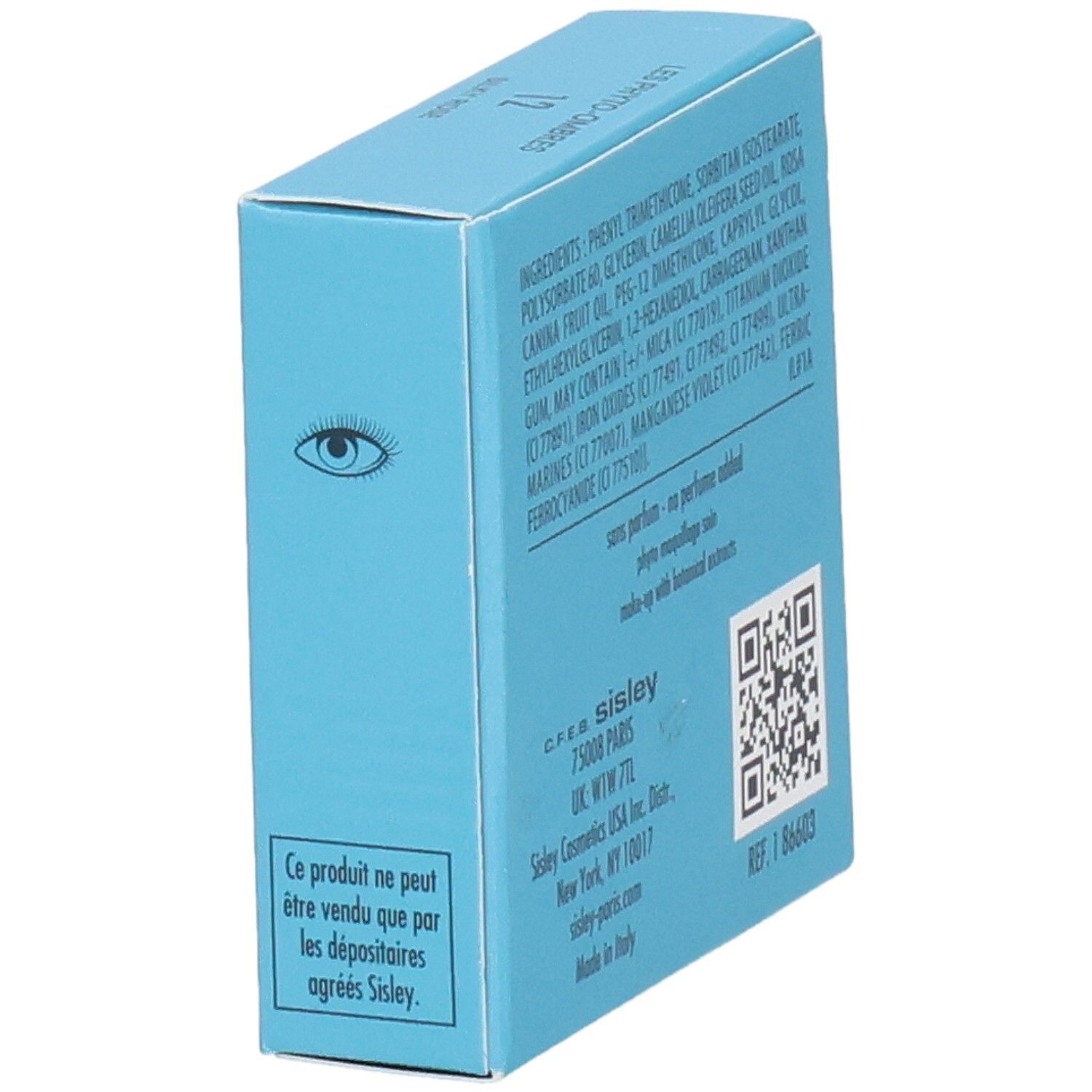Sisley Les Phyto-Ombres Lidschatten-Verpackung, Seite mit Augen-Symbol und Hinweis.