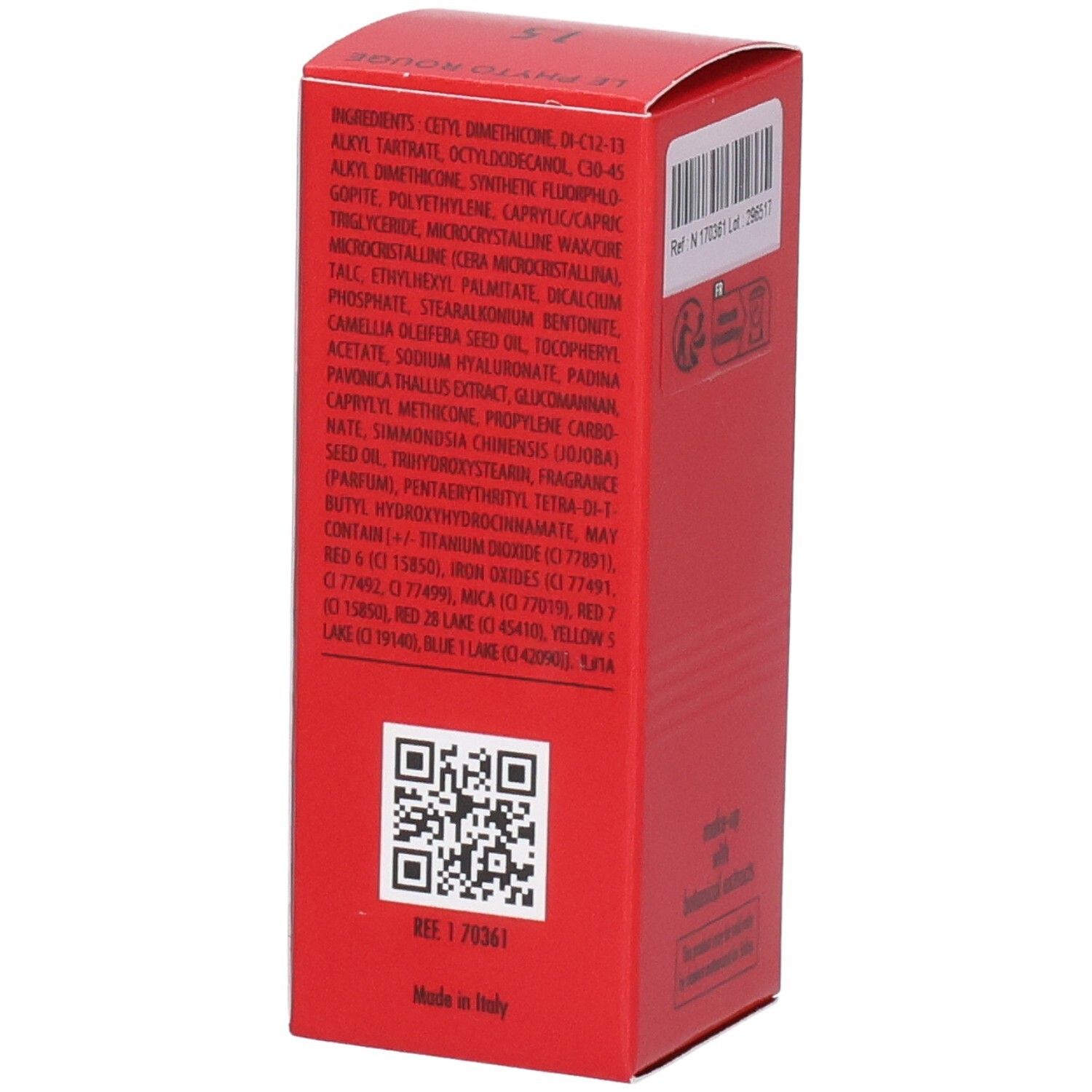 Sisley Le Phyto Rouge Rouge à lèvres, boîte rouge avec liste d'ingrédients et QR code.