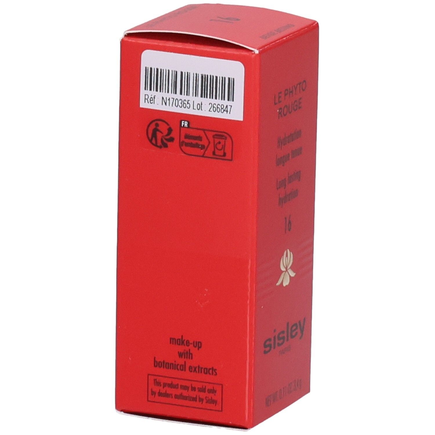 Sisley Le Phyto Rouge Lippenstift Verpackung, Rückseite mit Barcode und Hinweisen.