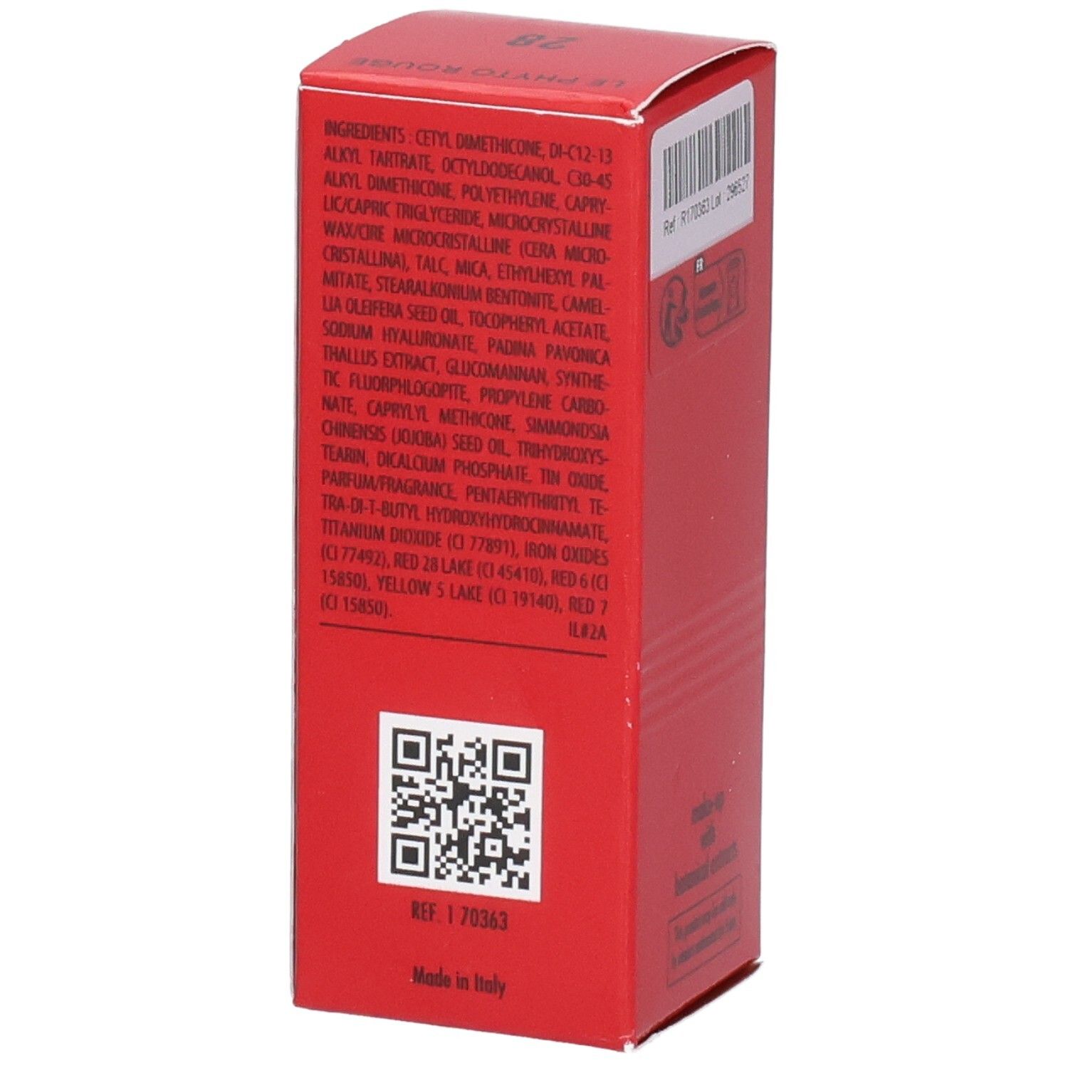 Emballage Sisley Le Phyto Rouge, côté avec liste d'ingrédients et QR code.