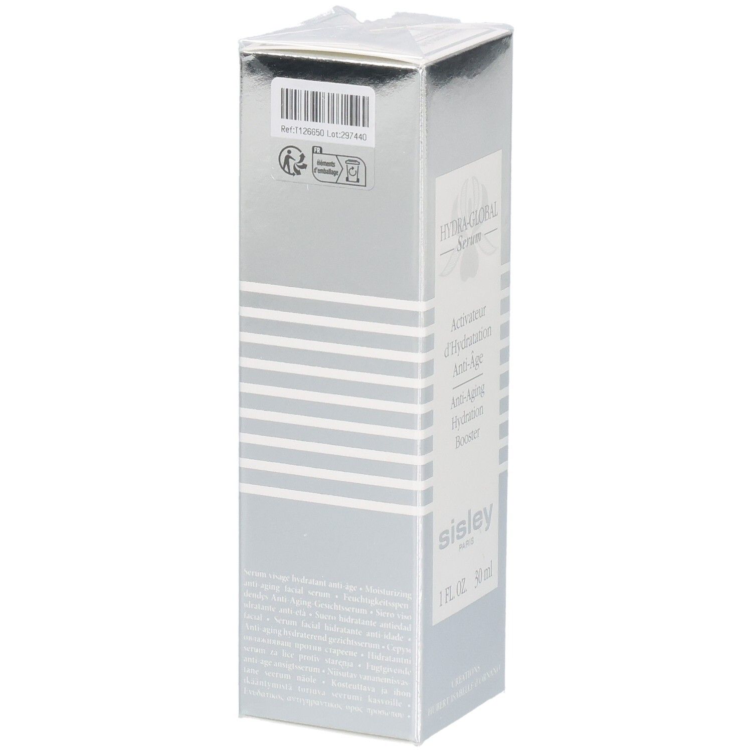Sisley Hydra-Global Serum Anti-Aging Hydration Booster Verpackung mit Barcode und Produktinformationen.