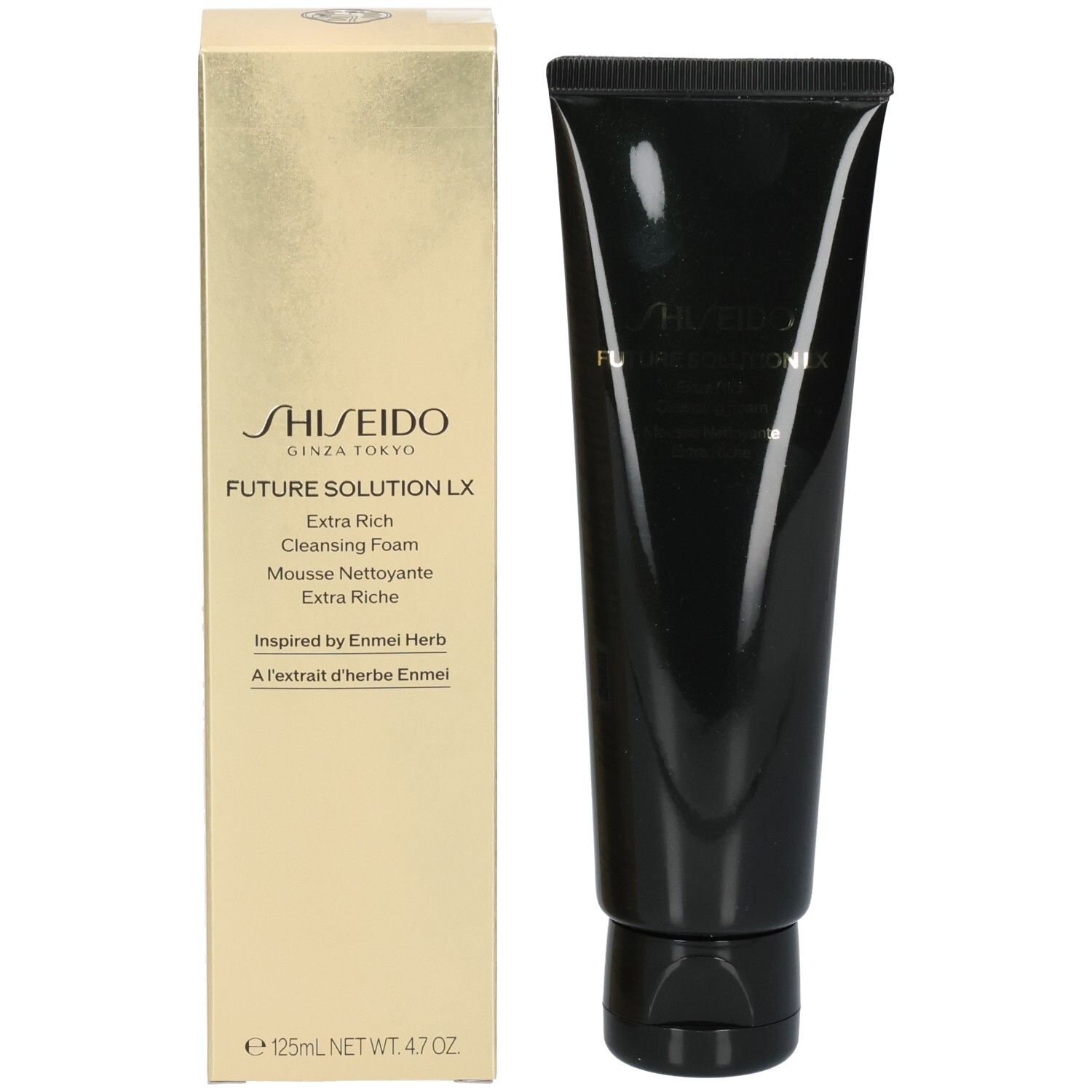 Shiseido Future Solution LX Extra Rich Cleansing Foam Tube und goldene Verpackung.