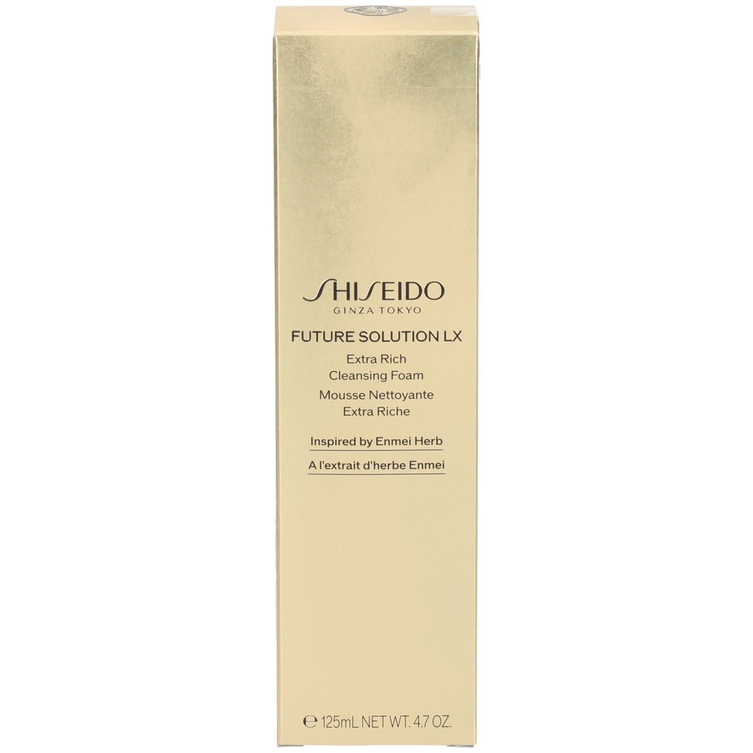 Goldene Shiseido Future Solution LX Extra Rich Cleansing Foam Verpackung mit Produktinformationen.