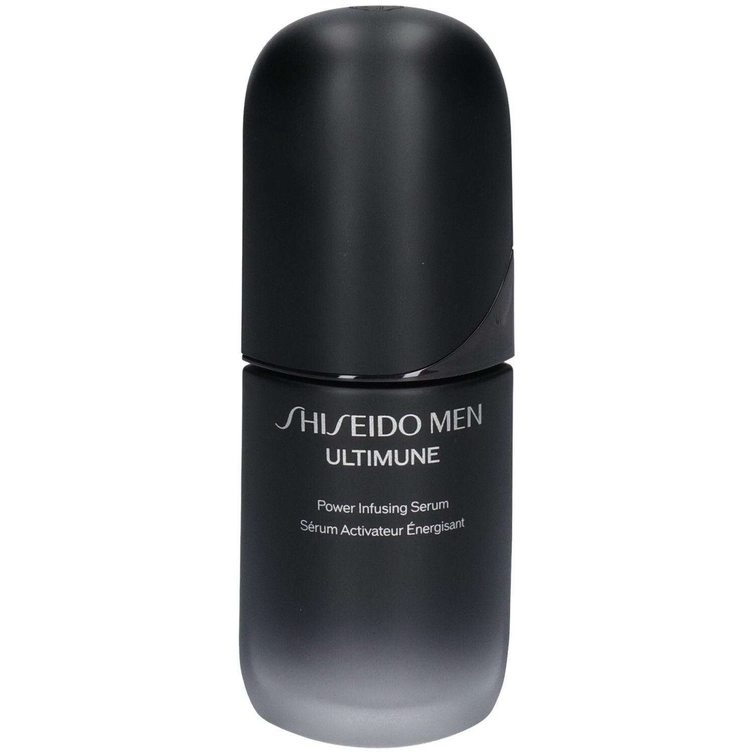 Shiseido Men Ultimune Power Infusing Serum Flakon mit schwarzem Deckel.