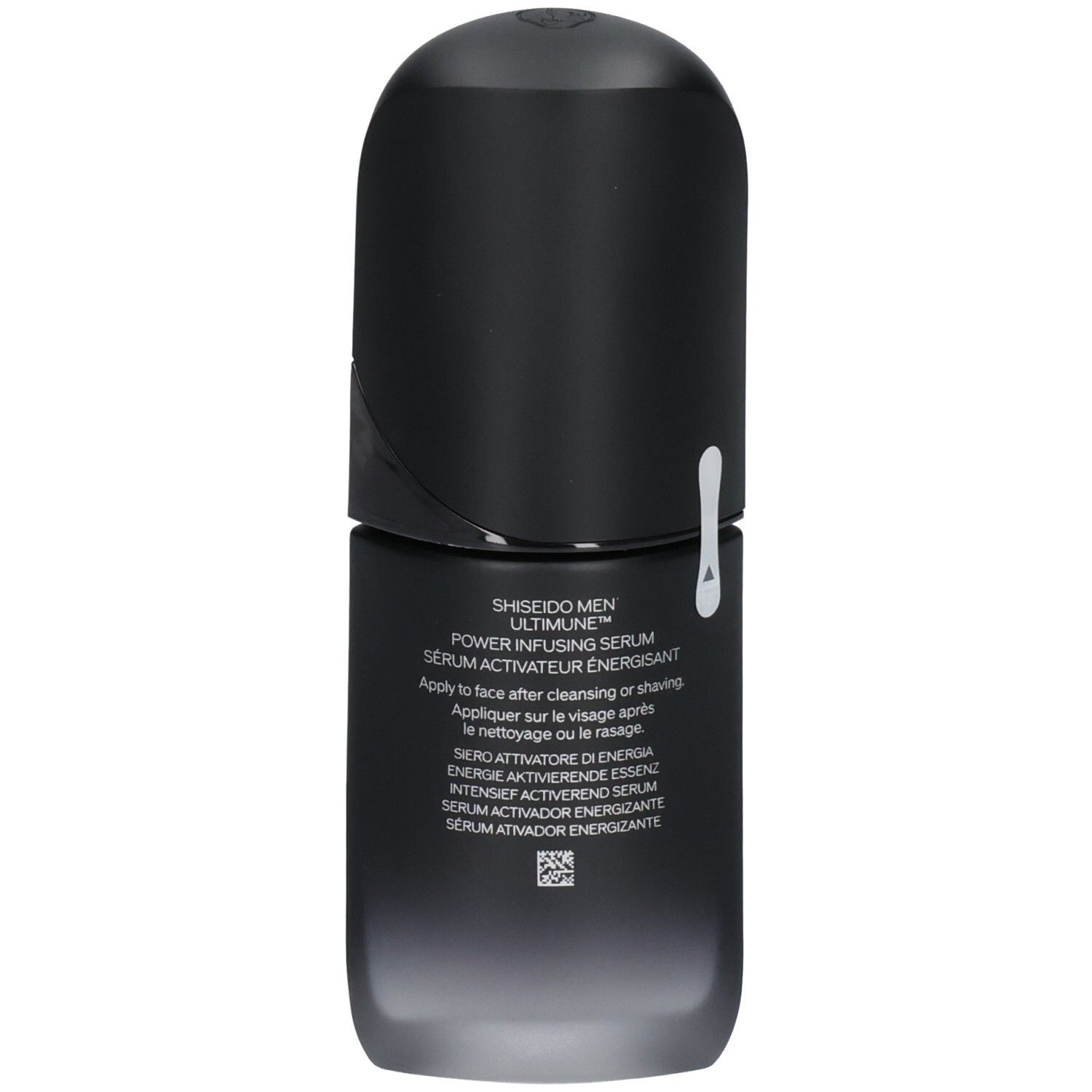 Rückseite des Shiseido Men Ultimune Power Infusing Serum Flakons mit Anwendungshinweisen.
