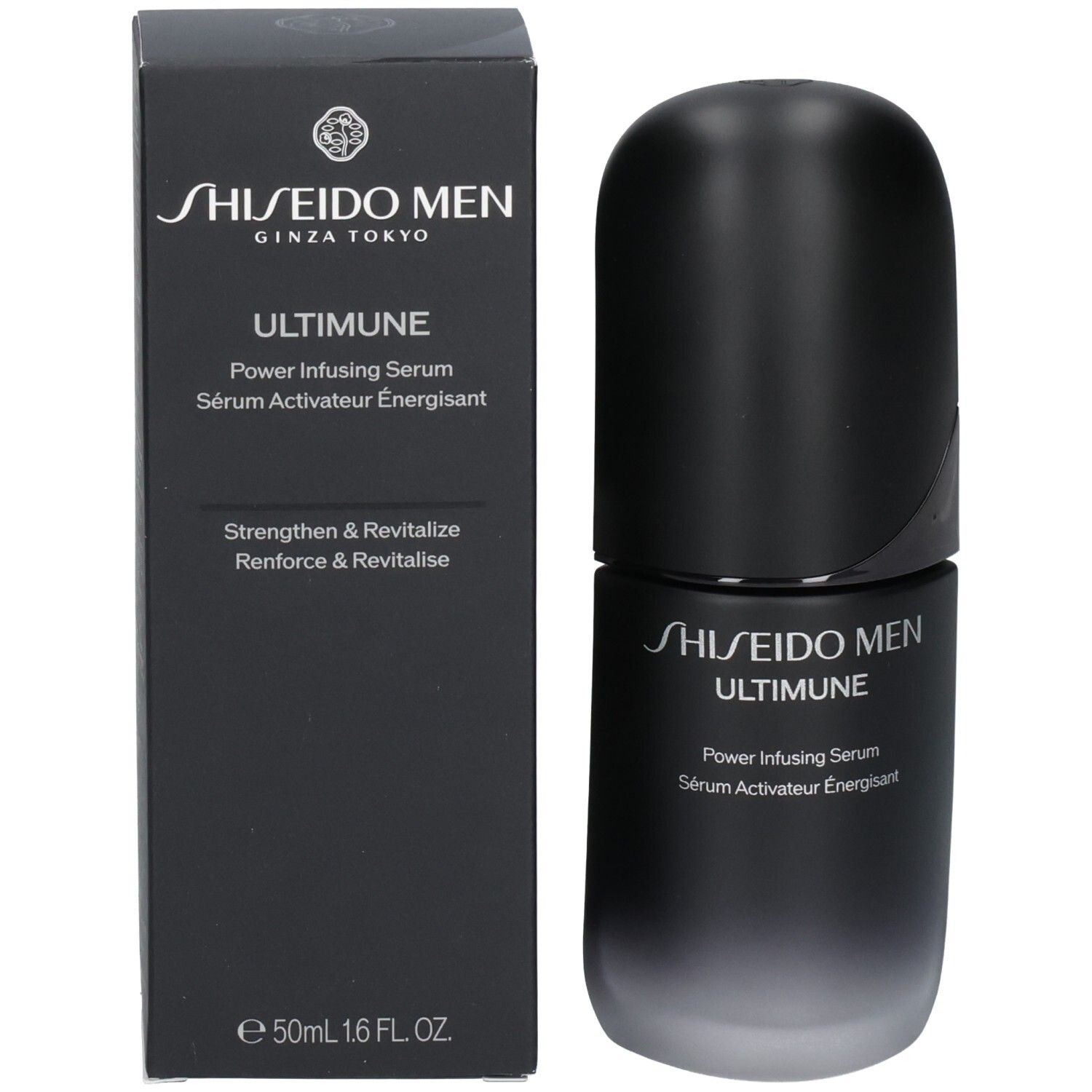 Shiseido Men Ultimune Power Infusing Serum Flakon neben der schwarzen Produktverpackung.