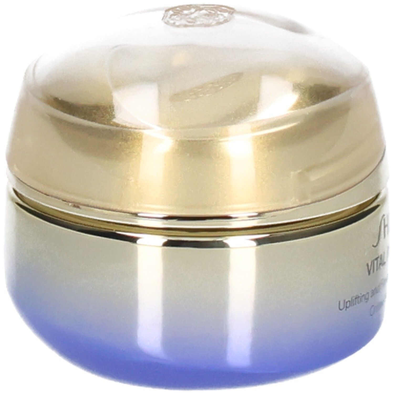 Shiseido Vital Perfection Augencreme-Tiegel, Seitenansicht, goldener Deckel, blau-verlaufender Körper.