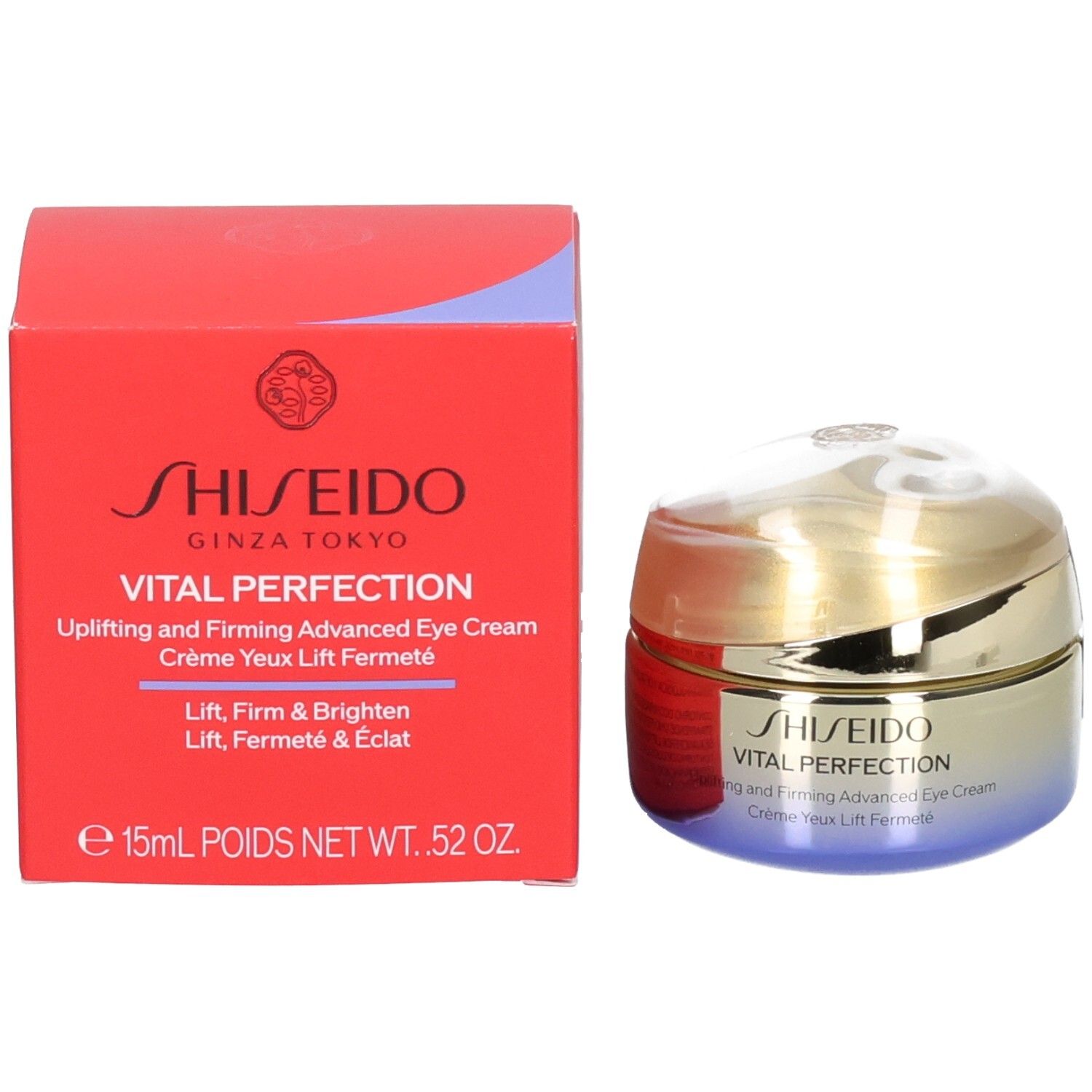 Shiseido Vital Perfection Augencreme-Tiegel und Verpackung, roter Karton, goldener Deckel.