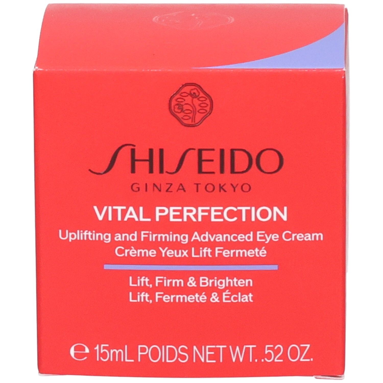 Shiseido Vital Perfection Augencreme-Verpackung, roter Karton mit Produktinformationen.