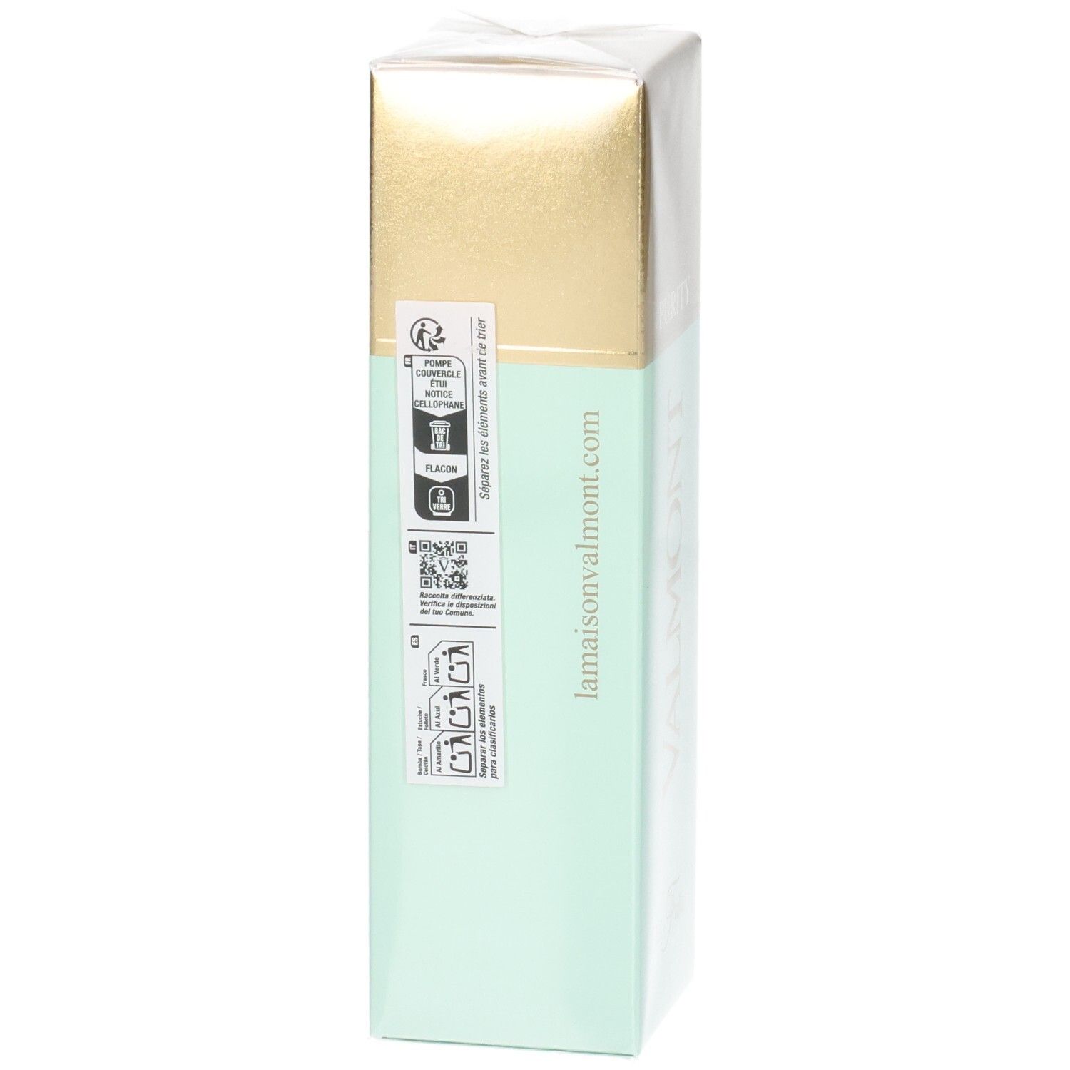 Rückseite der Valmont Purity Bi-Falls Verpackung mit Umwelt- und QR-Code-Symbolen.