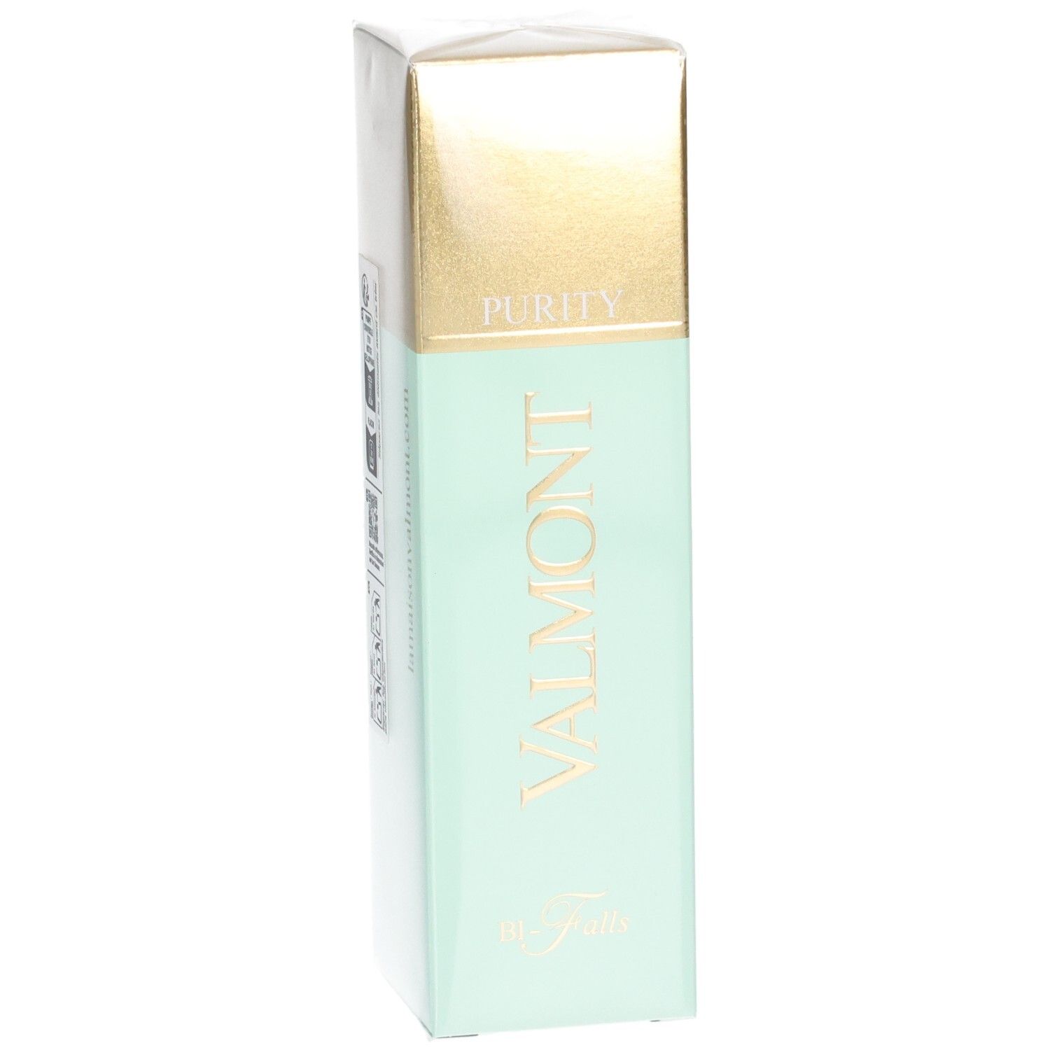 Valmont Purity Bi-Falls Kosmetikverpackung mit goldener Kappe und mintgrünem Körper.
