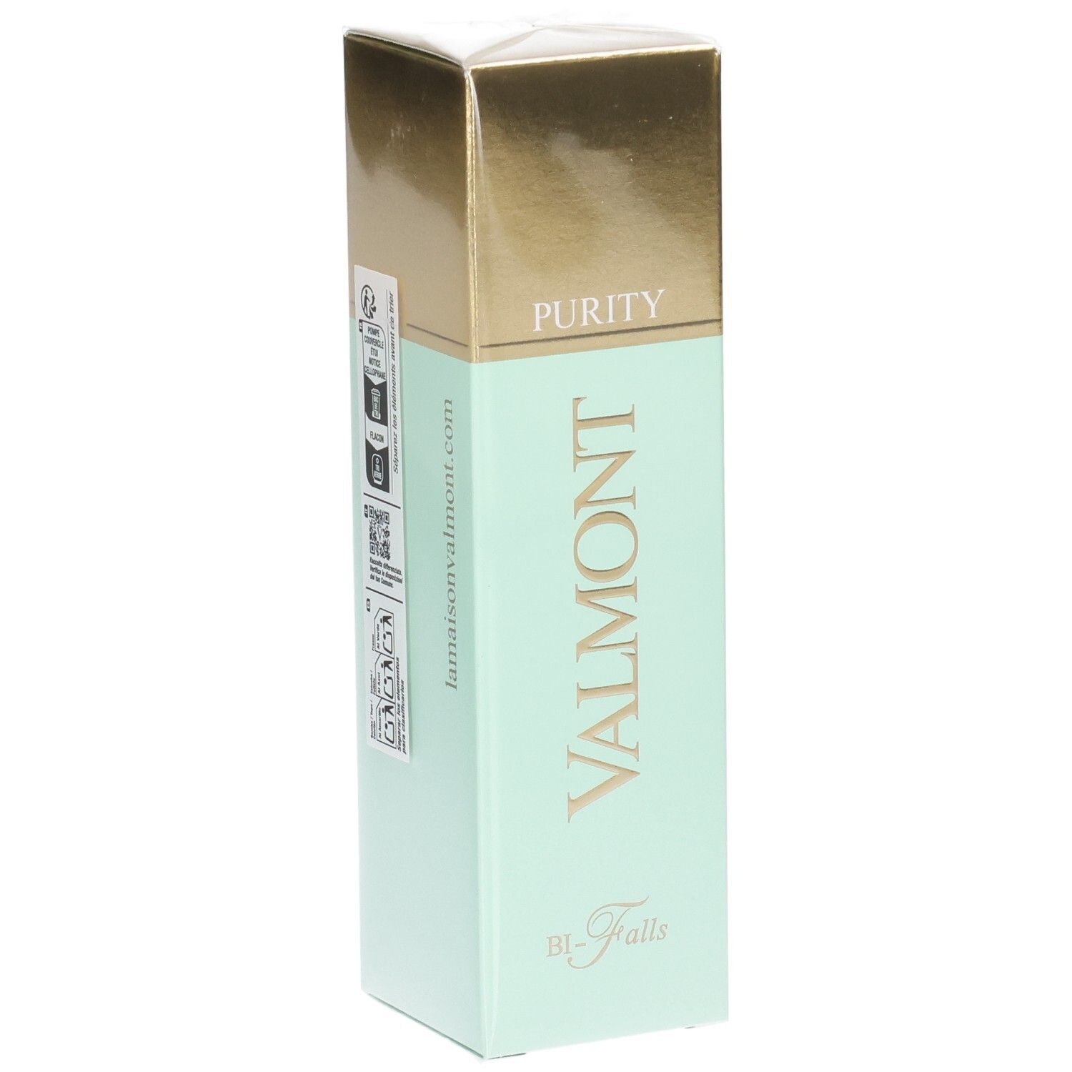 Valmont Purity Bi-Falls Kosmetikverpackung mit goldener Kappe und mintgrünem Körper.