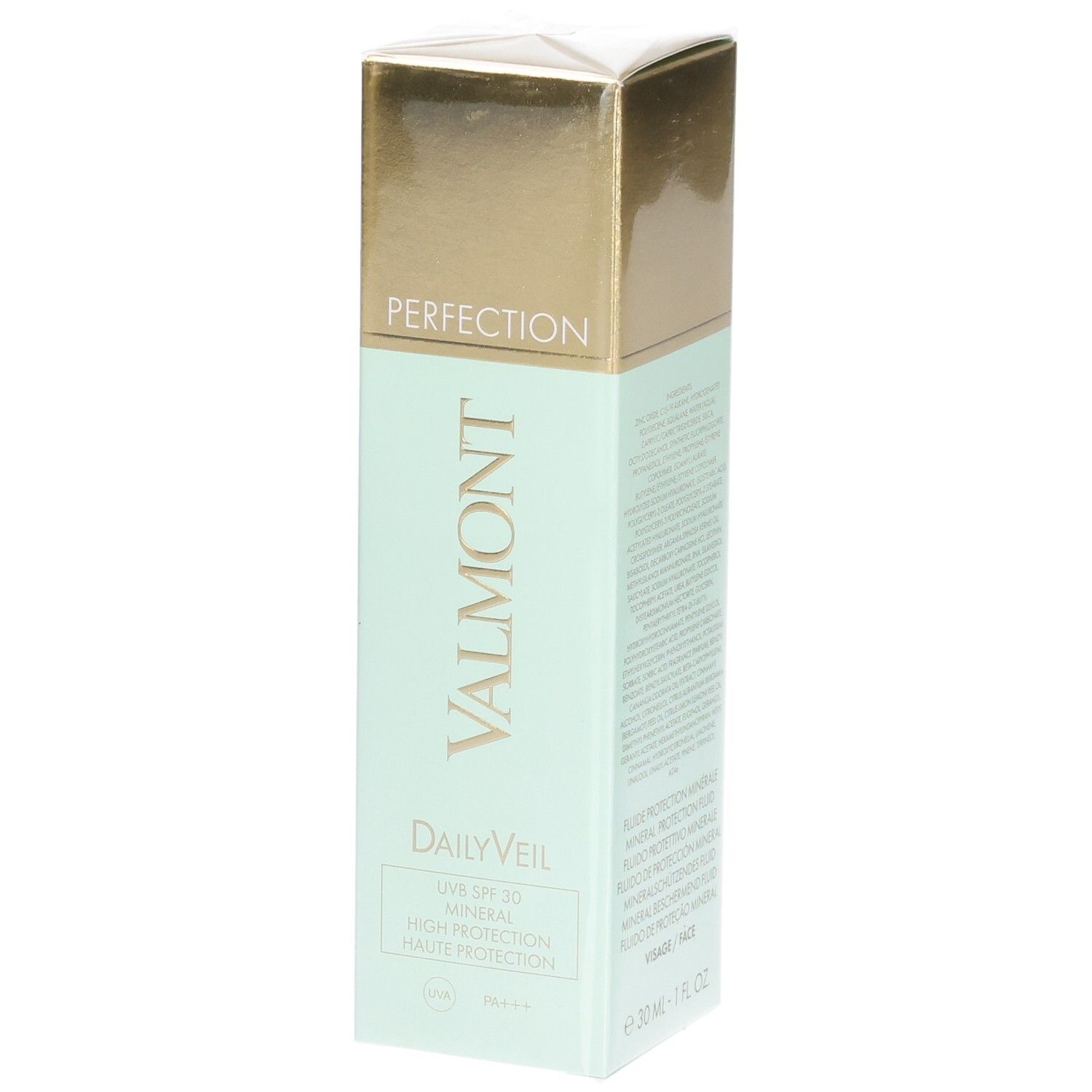 VALMONT Daily Veil SPF30 Mineral Sonnenschutzcreme, hellgrüne Verpackung mit goldenem Deckel.