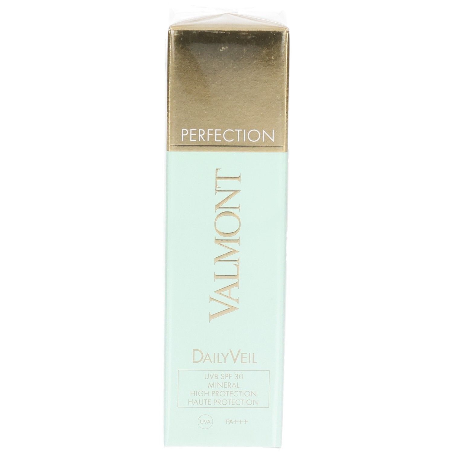 VALMONT Daily Veil SPF30 Mineral Sonnenschutzcreme, hellgrüne Verpackung mit goldenem Deckel.