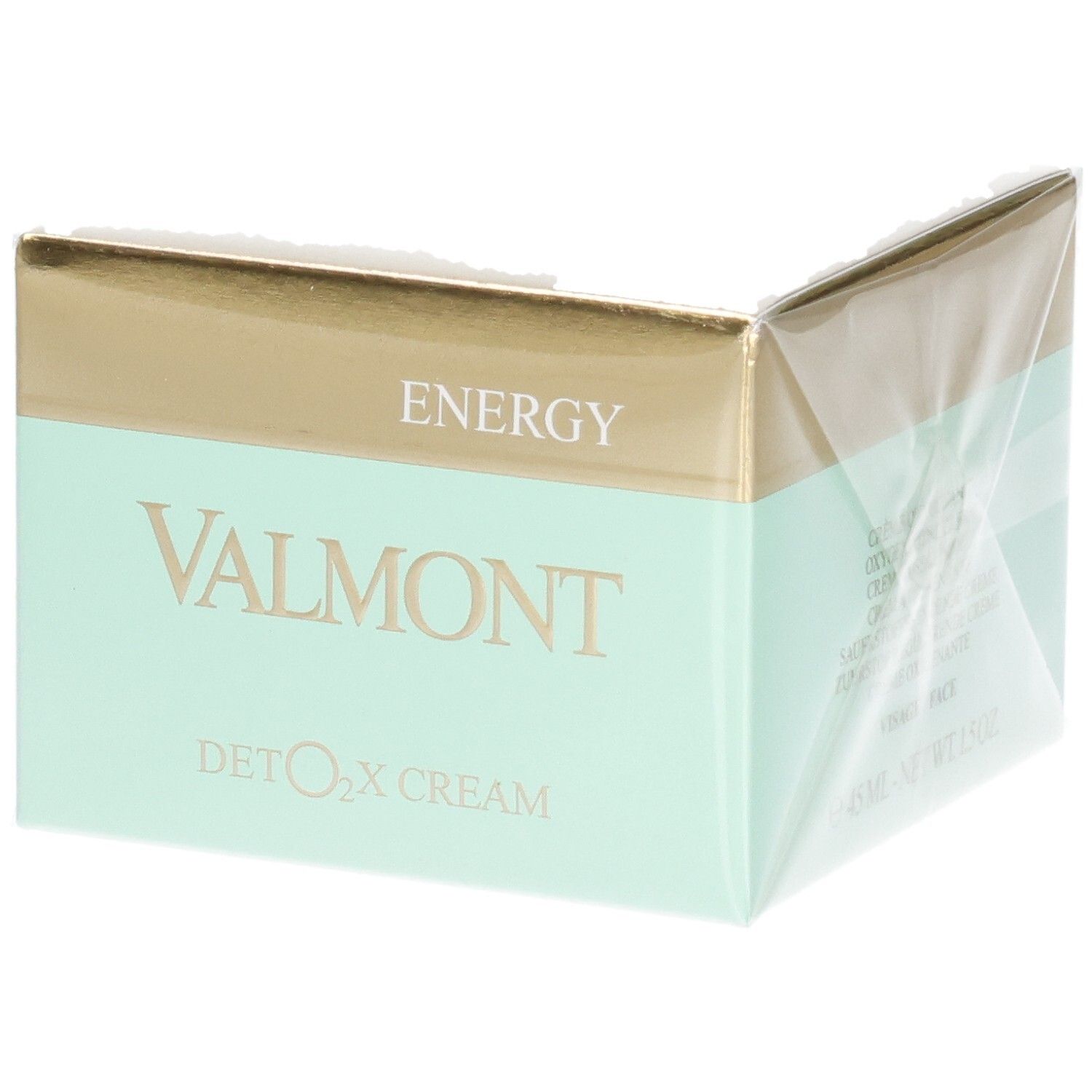 Valmont Deto2x Cream Verpackung mit Gold- und Mintgrün-Akzenten.