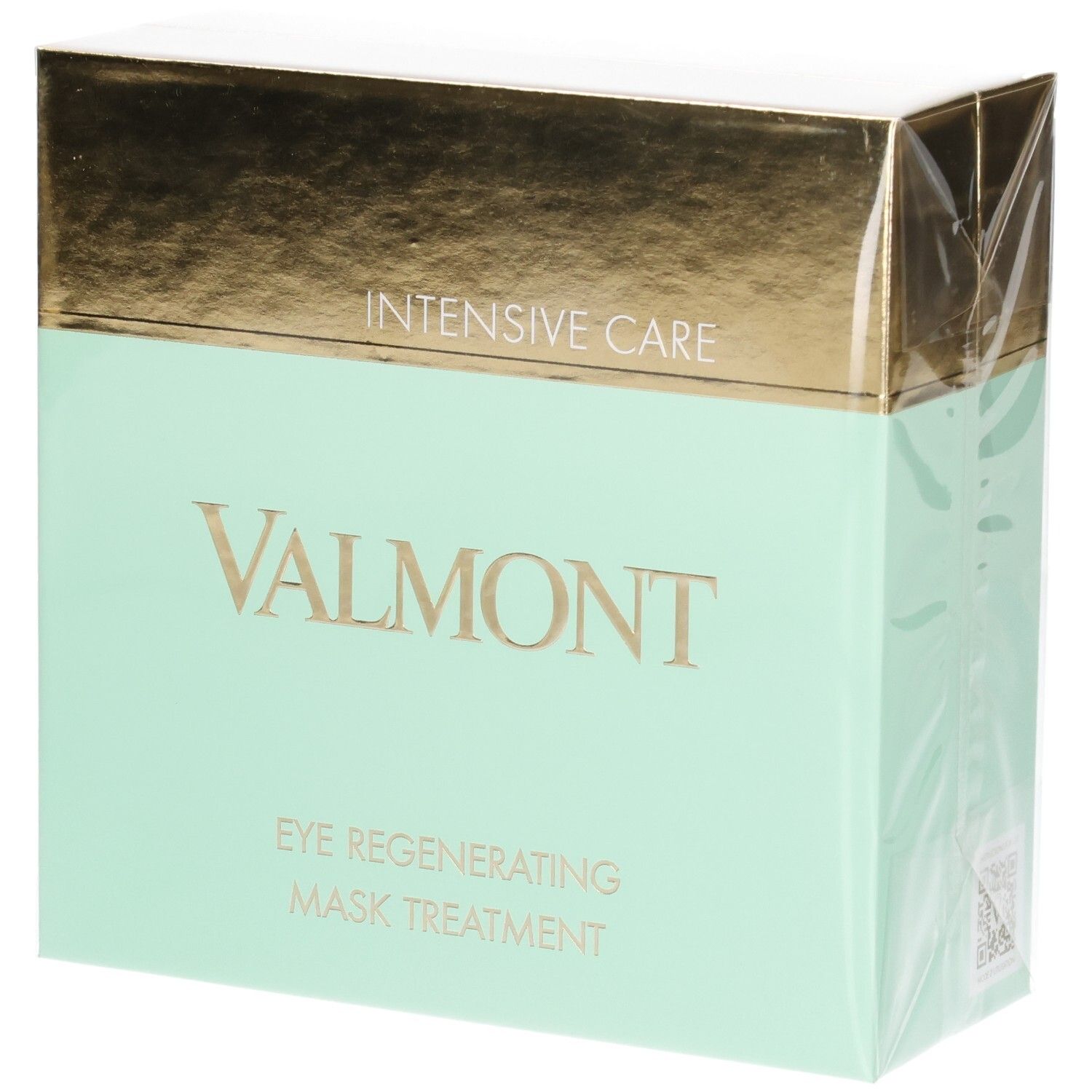 Valmont Eye Regenerating Mask Treatment Box. Intensive Care. Gold and mint green packaging.