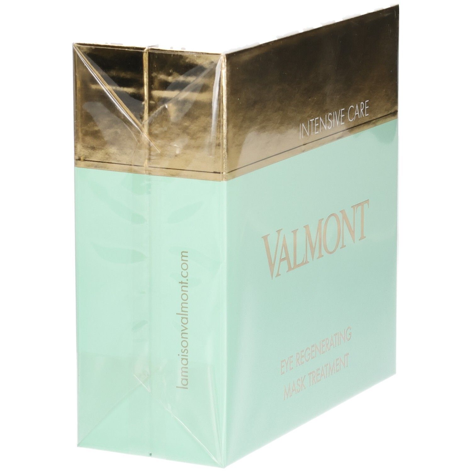 Valmont Eye Regenerating Mask Treatment Box, side view. Lamaisonvalmont.com. Gold and mint green packaging.