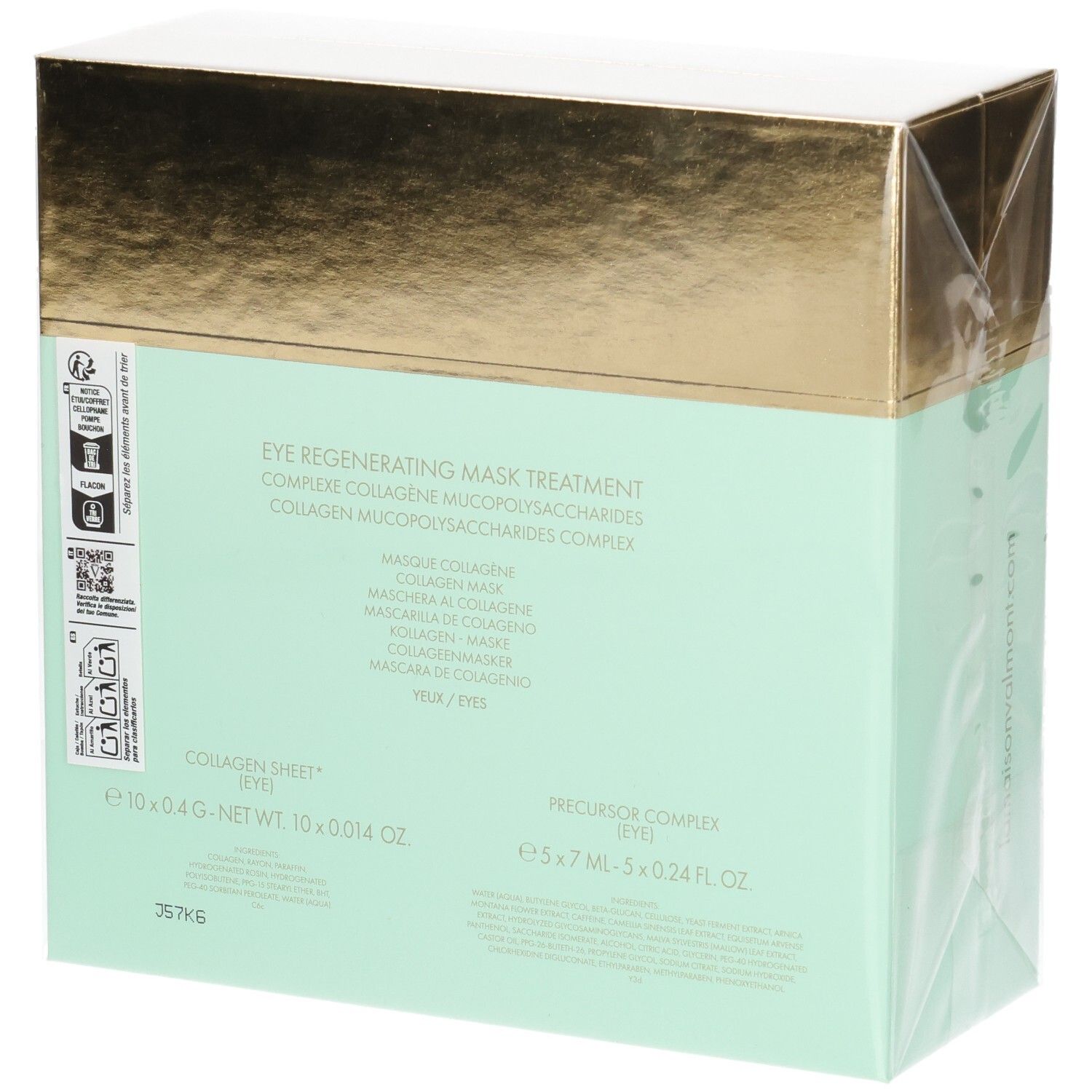 Valmont Eye Regenerating Mask Treatment Box, back view. Contains Collagen Sheet (Eyes) and Precursor Complex. Gold and mint green packaging.