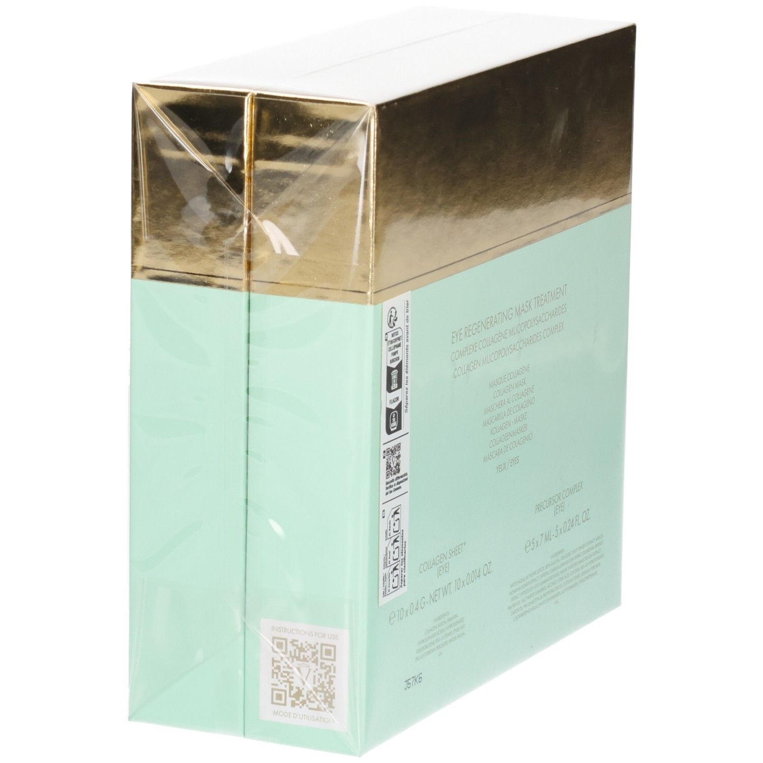Valmont Eye Regenerating Mask Treatment Box, side view with QR code. Gold and mint green packaging.