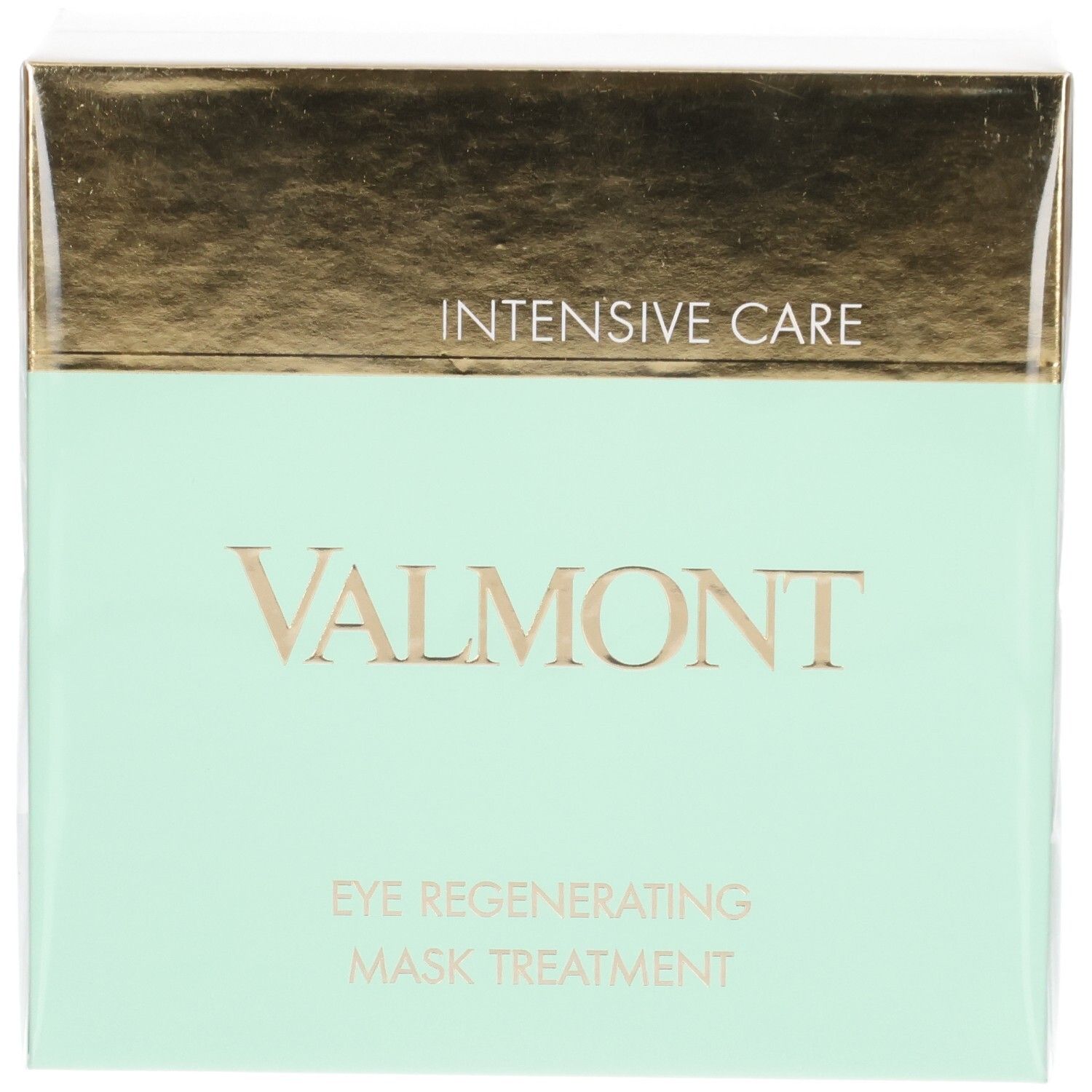 Valmont Eye Regenerating Mask Treatment Box. Intensive Care. Gold and mint green packaging.