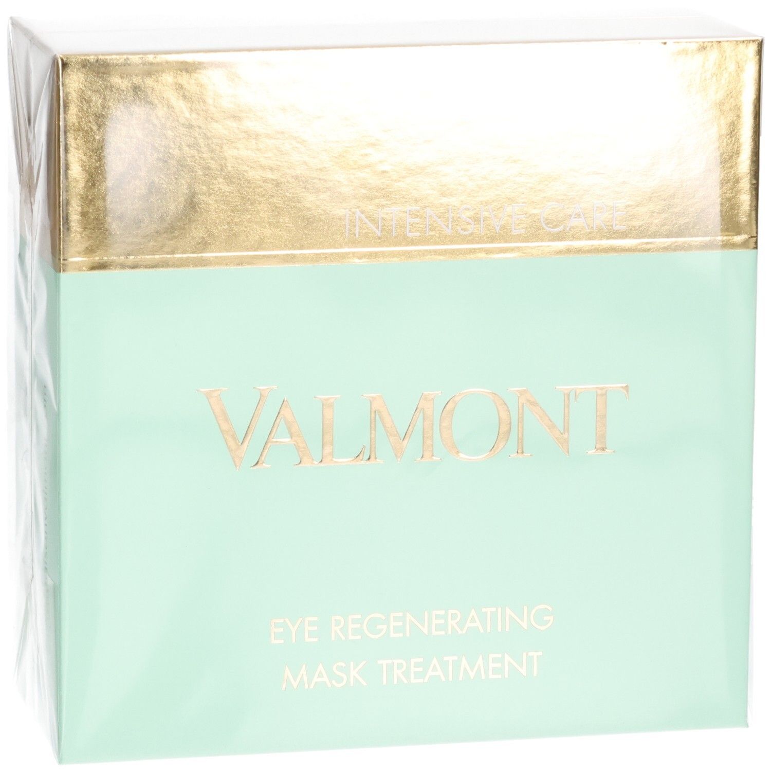 Valmont Eye Regenerating Mask Treatment Box. Intensive Care. Gold and mint green packaging.