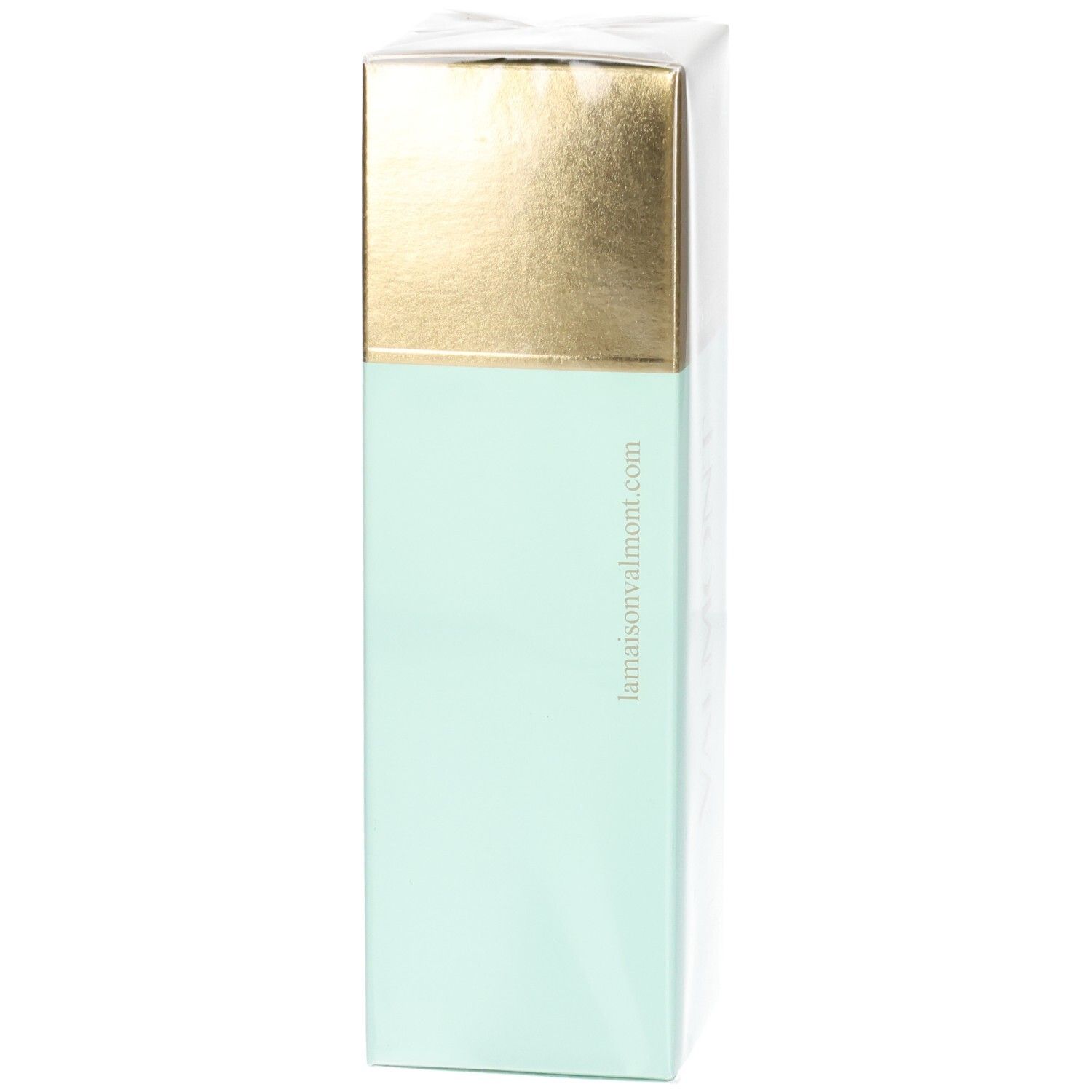 Valmont Fluid Falls Verpackung, mintgrün mit goldener Kappe, Rückseite mit Website.