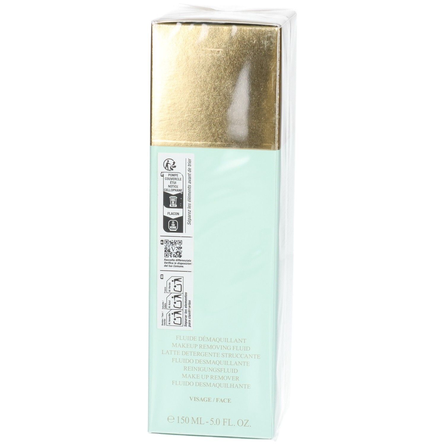 Valmont Fluid Falls Verpackung, mintgrün mit goldener Kappe, Rückseite mit Symbolen und Text.