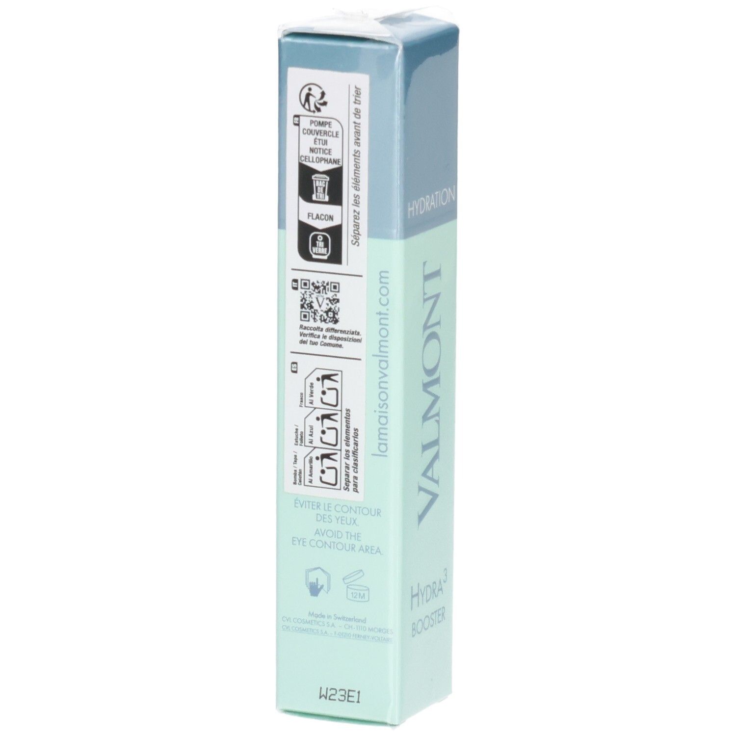 VALMONT Hydra3 Booster Serum Verpackung, Rückseite mit Anweisungen und QR-Code. Hellgrüne und blaue Box.