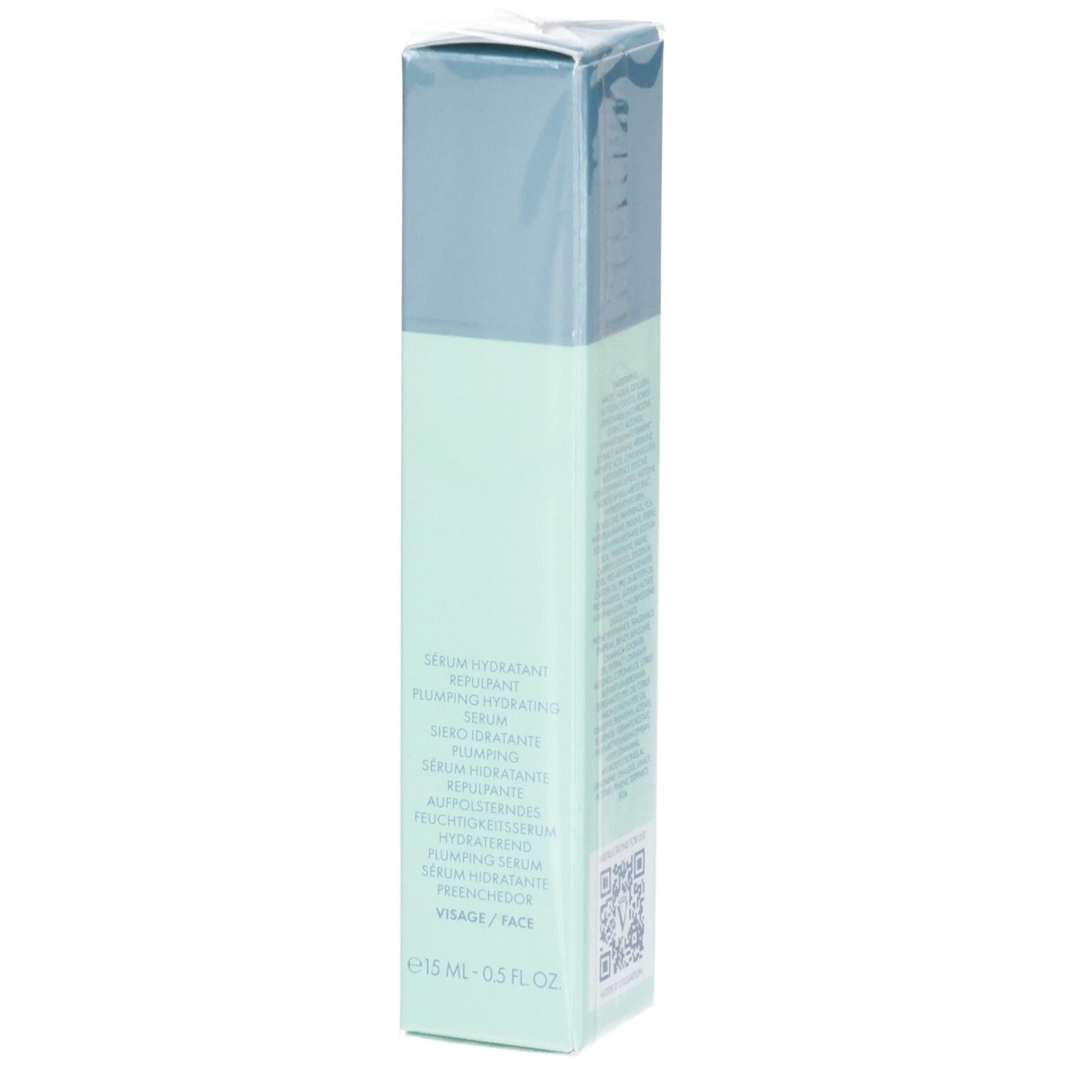 VALMONT Hydra3 Booster Serum Verpackung, Seite mit mehrsprachigen Produktbezeichnungen. Hellgrüne und blaue Box.