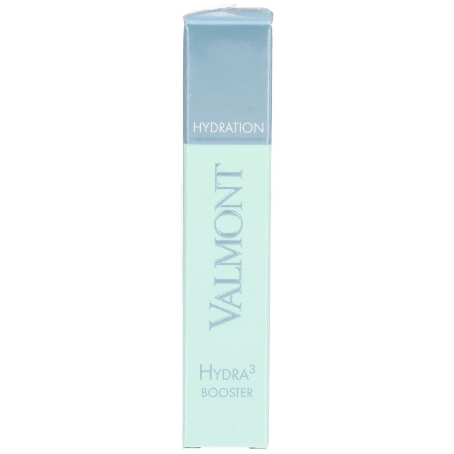 VALMONT Hydra3 Booster Serum Verpackung. Hellgrüne und blaue Box mit Produktnamen und Markenlogo.