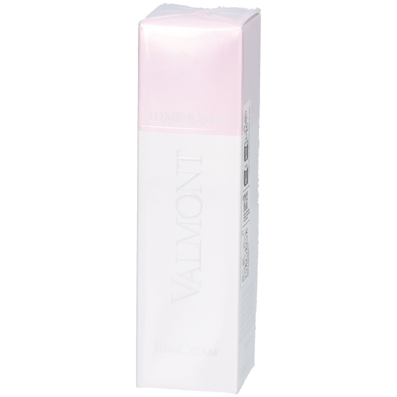 Valmont LumiCream Verpackung, weiß mit rosa Akzenten.