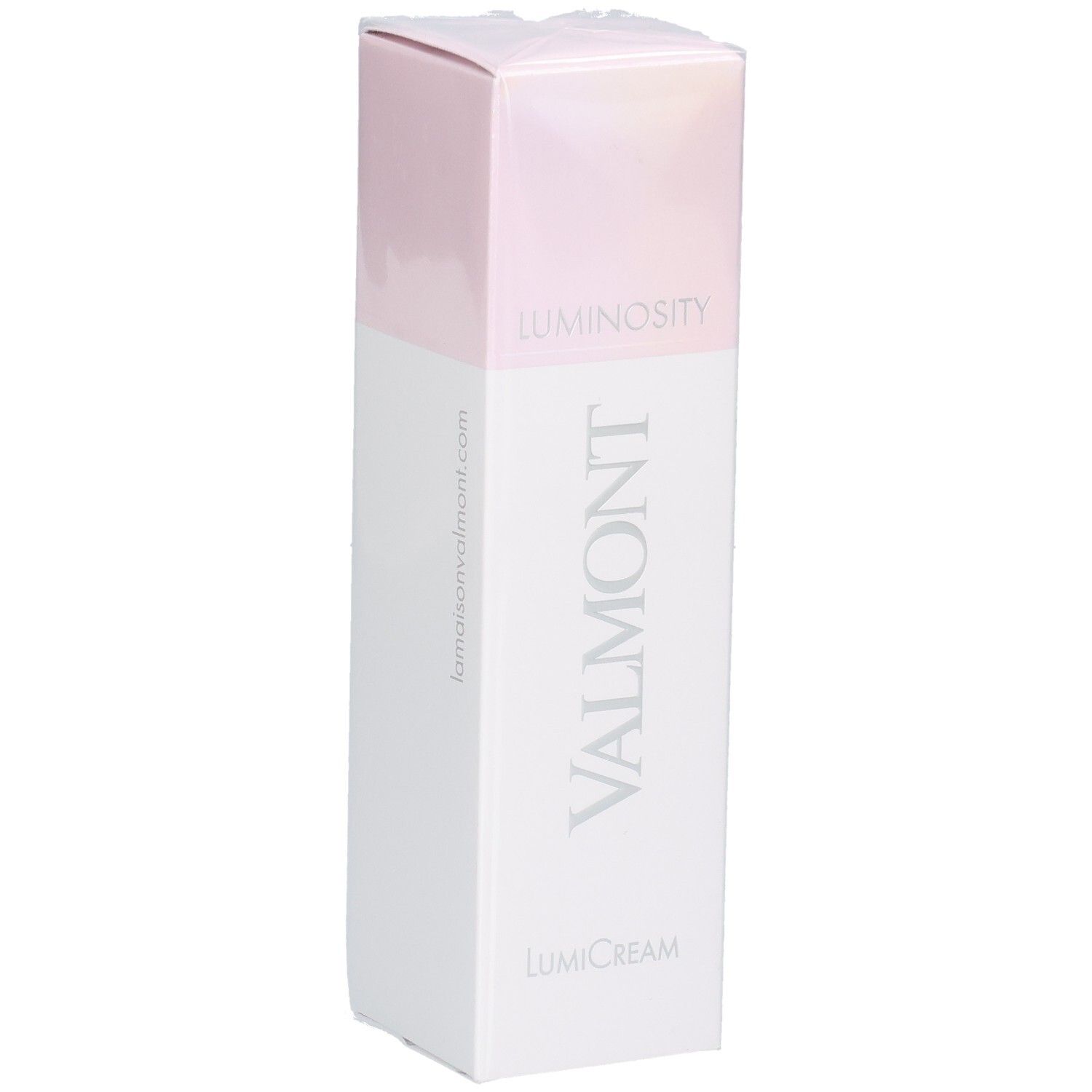Valmont LumiCream Verpackung, weiß mit rosa Akzenten und Produktnamen.