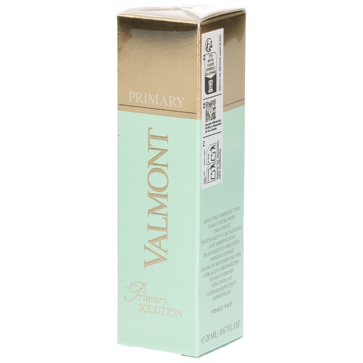 VALMONT Primary Solution Verpackung, mintgrün und goldfarben.