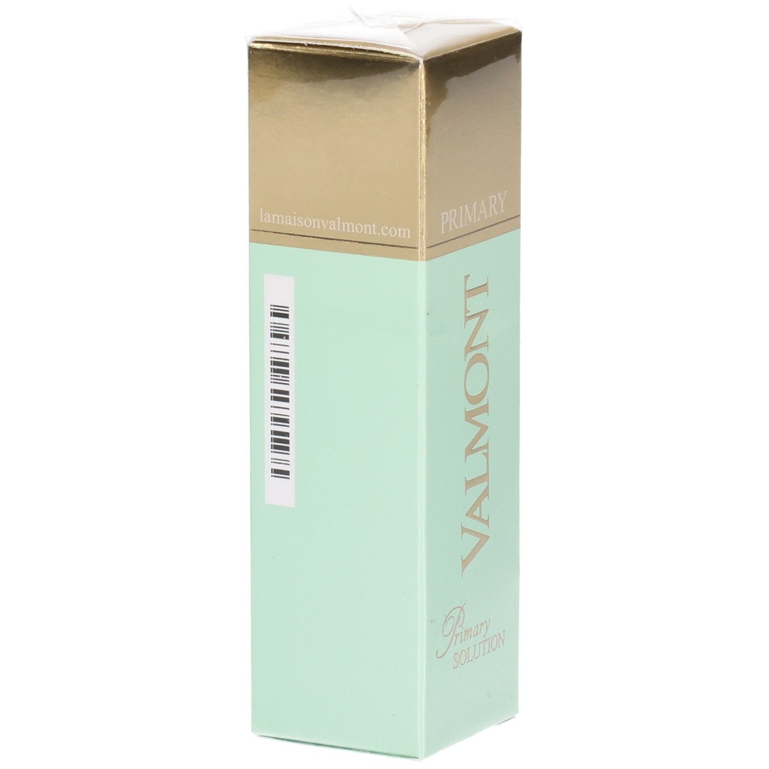 VALMONT Primary Solution Verpackung, mintgrün und goldfarben, mit Barcode.