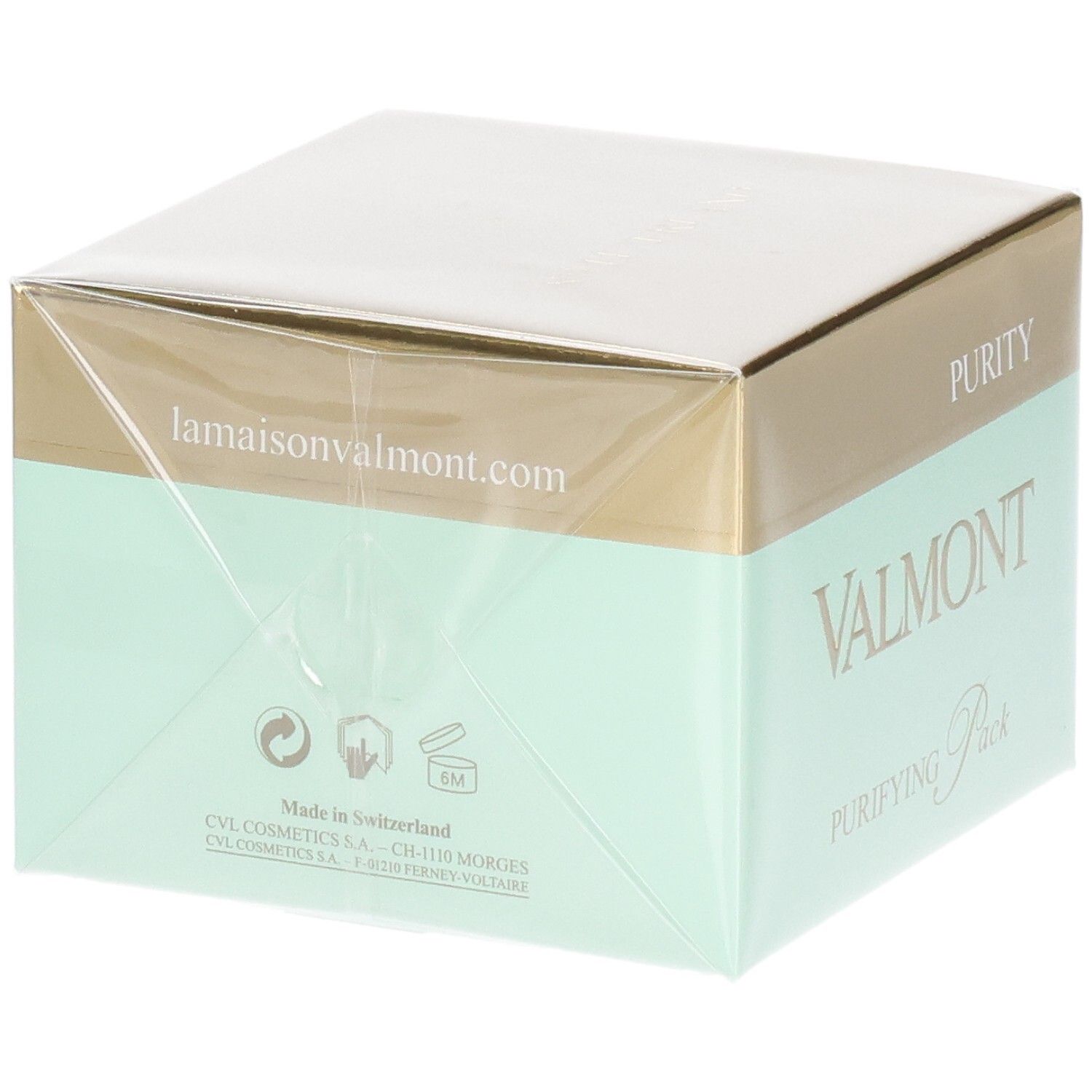 Valmont Reinigende Gesichtsmaske mit Tonerde, Verpackung, Rückseite mit Website.