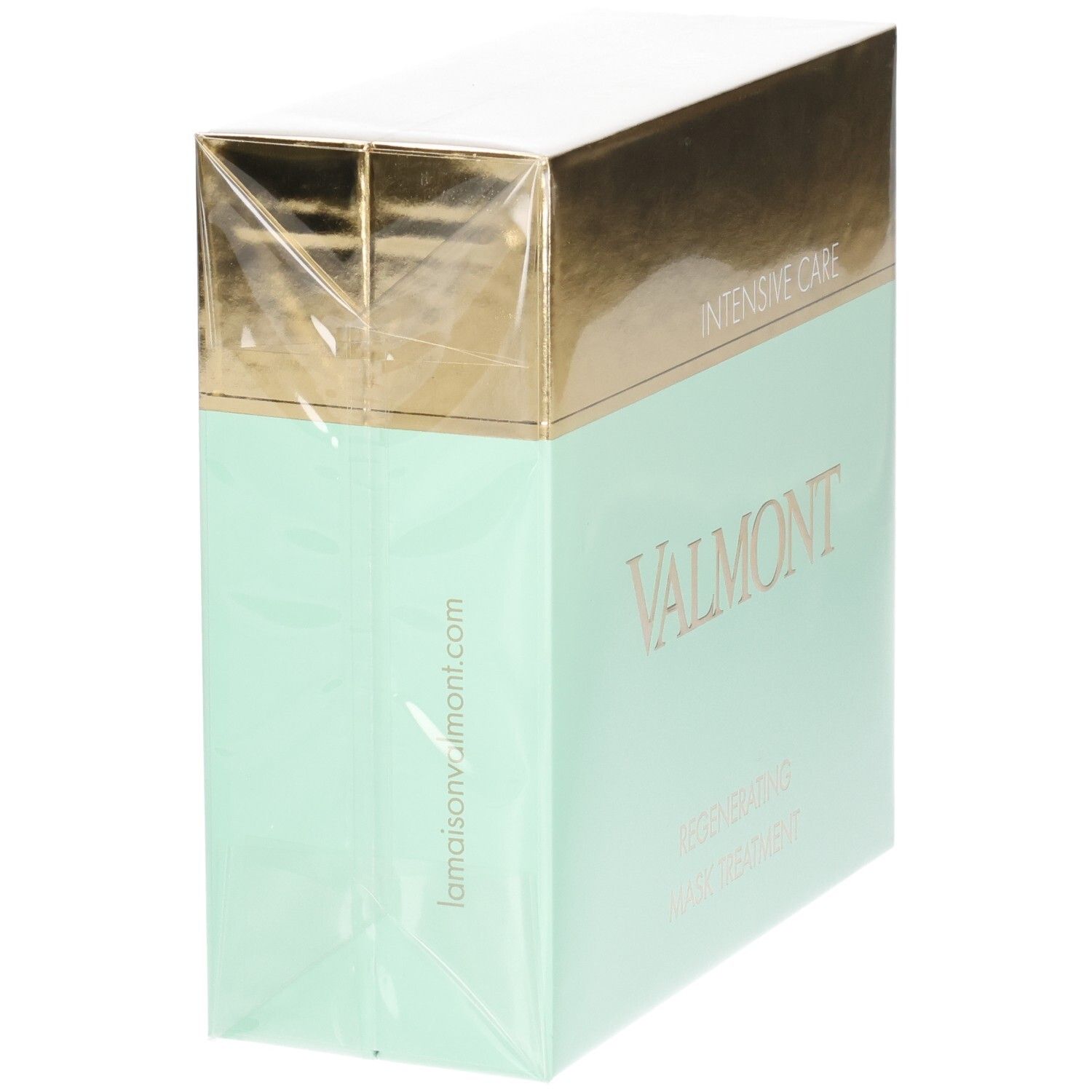 VALMONT Regenerating Mask Treatment Schachtel, mintgrün und gold, Seitenansicht.