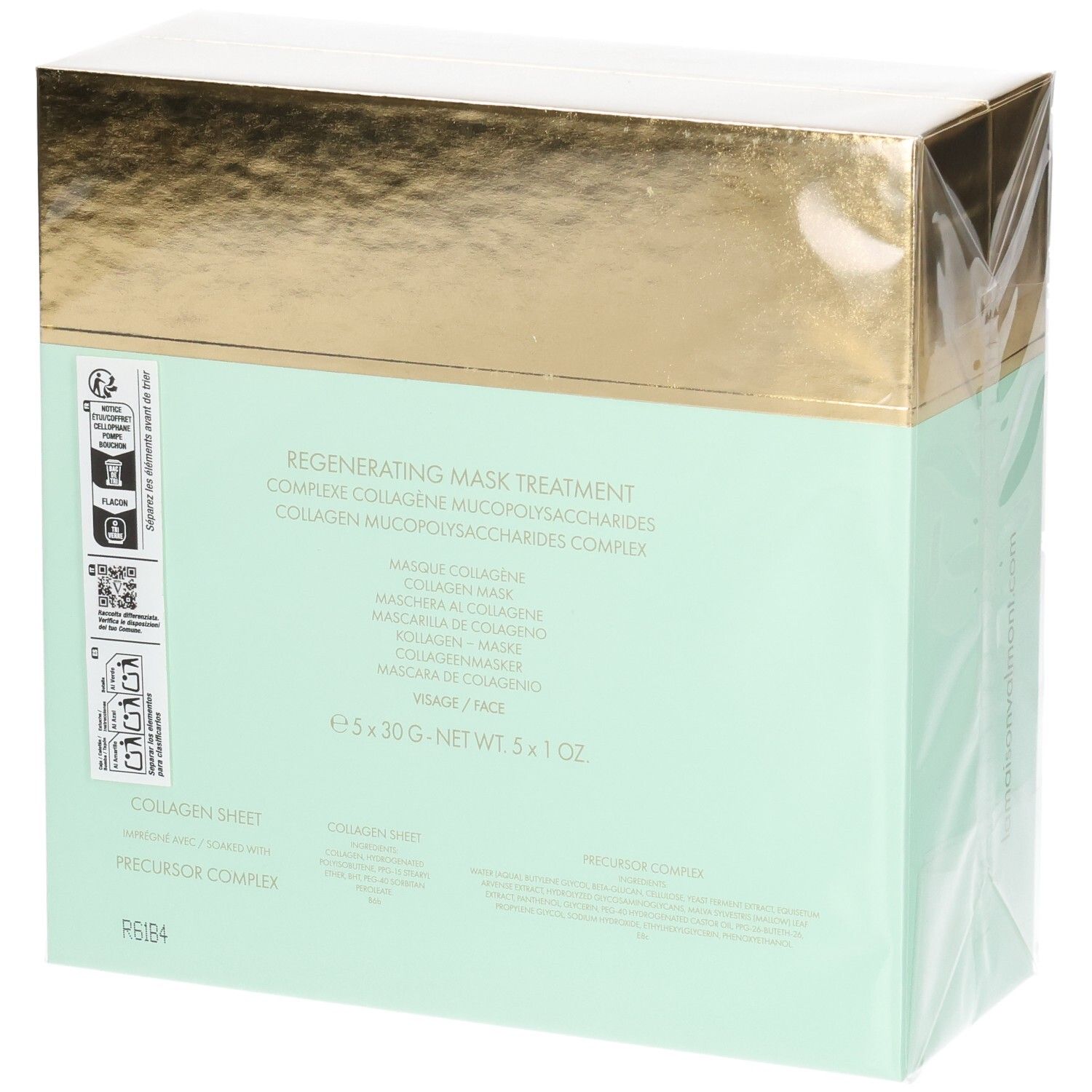 Rückseite der VALMONT Regenerating Mask Treatment Schachtel mit Produktinformationen.