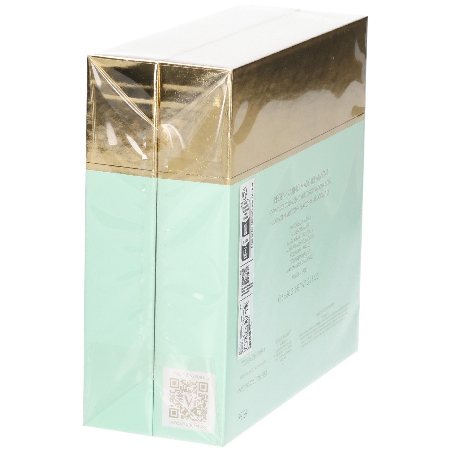 VALMONT Regenerating Mask Treatment Schachtel, mintgrün und gold, schräge Seitenansicht.