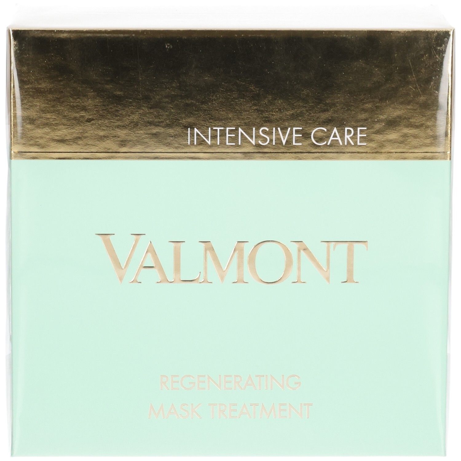 Vorderseite der VALMONT Regenerating Mask Treatment Schachtel, mintgrün und gold.