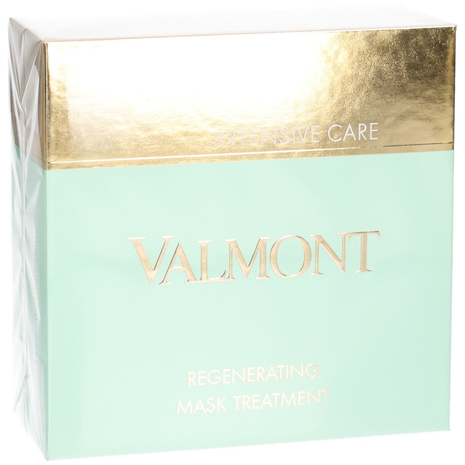 VALMONT Regenerating Mask Treatment Schachtel, mintgrün und gold, Frontansicht.