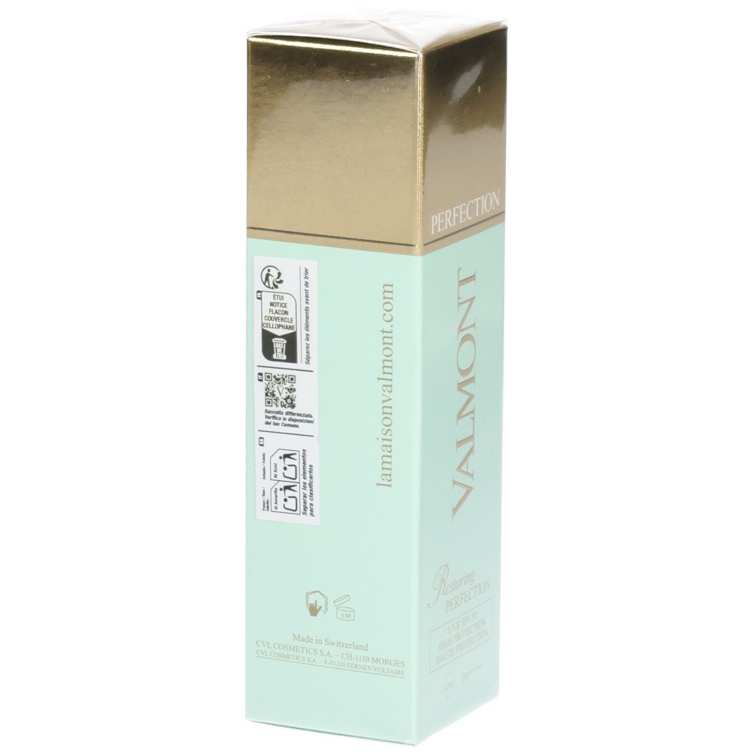 Valmont Restoring Perfection SPF50 Verpackung mit Siegeln und QR-Codes.